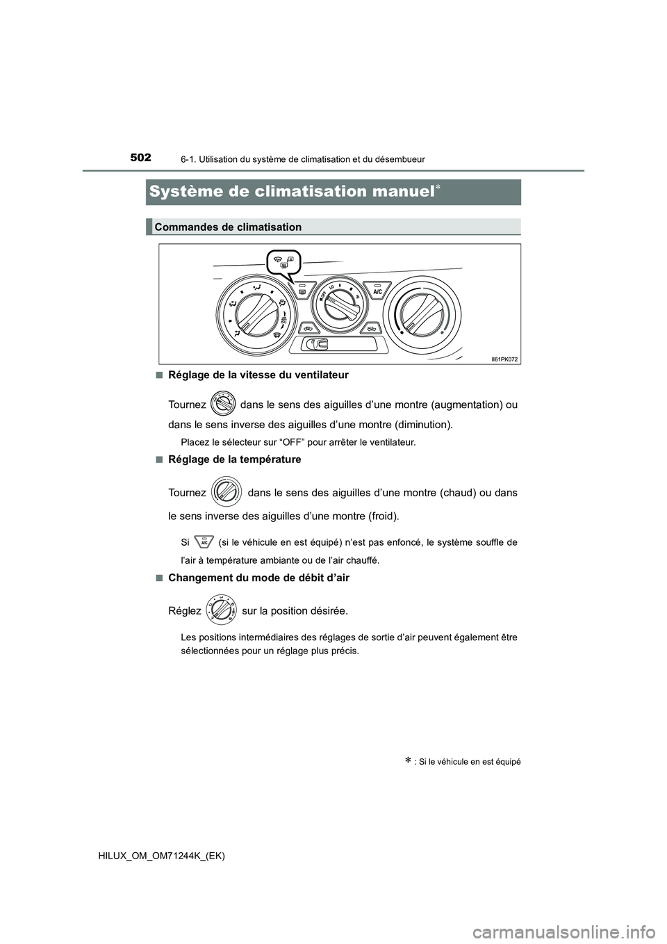 TOYOTA HILUX 2017 Notices Demploi (in French) 5026-1. Utilisation du système de climatisation et du désembueur
HILUX_OM_OM71244K_(EK)
Système de climatisation manuel
■Réglage de la vitesse du ventilateur
Tournez dans le sens des aigui TOYOTA HILUX 2017 Notices Demploi (in French) 5026-1. Utilisation du système de climatisation et du désembueur
HILUX_OM_OM71244K_(EK)
Système de climatisation manuel
■Réglage de la vitesse du ventilateur
Tournez dans le sens des aigui