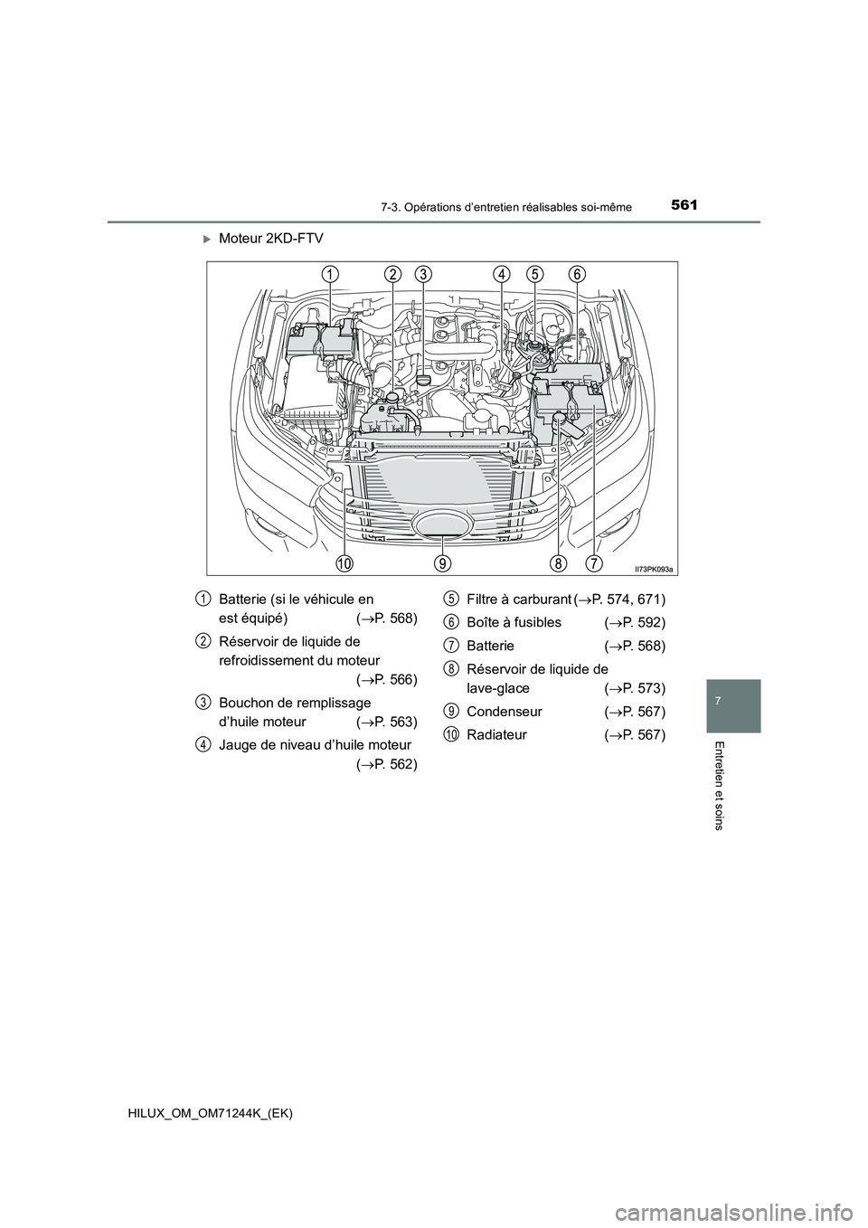 TOYOTA HILUX 2017 Notices Demploi (in French) 5617-3. Opérations d’entretien réalisables soi-même
HILUX_OM_OM71244K_(EK)
7
Entretien et soins
Moteur 2KD-FTV
Batterie (si le véhicule en
est équipé) ( P. 568)
Réservoir de liquid TOYOTA HILUX 2017 Notices Demploi (in French) 5617-3. Opérations d’entretien réalisables soi-même
HILUX_OM_OM71244K_(EK)
7
Entretien et soins
Moteur 2KD-FTV
Batterie (si le véhicule en
est équipé) ( P. 568)
Réservoir de liquid