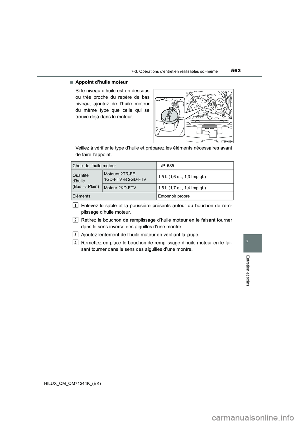 TOYOTA HILUX 2017 Notices Demploi (in French) 5637-3. Opérations d’entretien réalisables soi-même
HILUX_OM_OM71244K_(EK)
7
Entretien et soins
■Appoint d’huile moteur
Si le niveau d’huile est en dessous
ou très proche du repère de bas TOYOTA HILUX 2017 Notices Demploi (in French) 5637-3. Opérations d’entretien réalisables soi-même
HILUX_OM_OM71244K_(EK)
7
Entretien et soins
■Appoint d’huile moteur
Si le niveau d’huile est en dessous
ou très proche du repère de bas