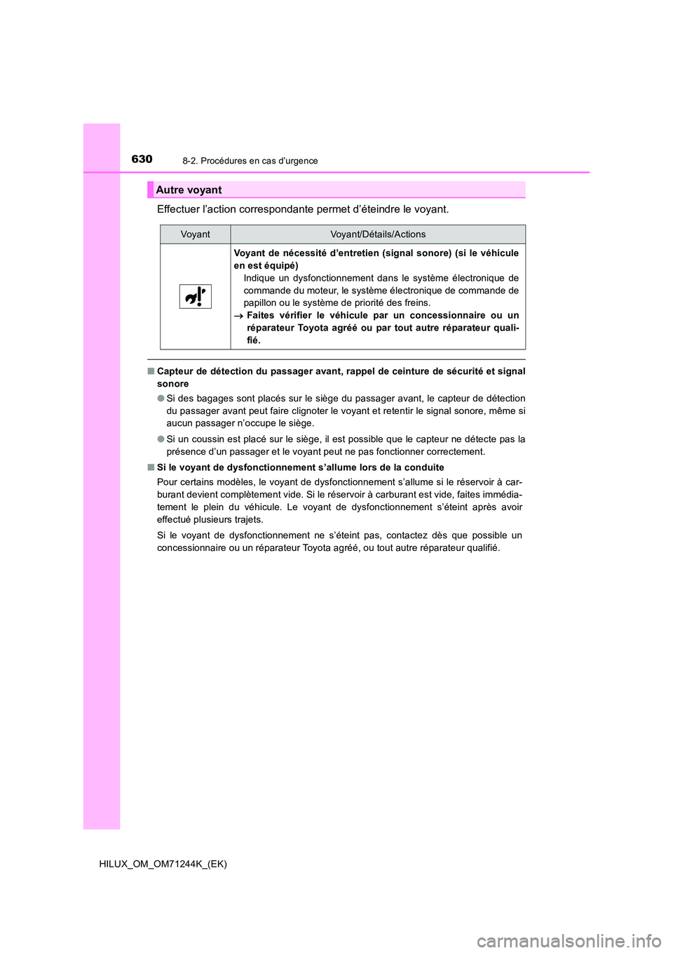 TOYOTA HILUX 2017 Notices Demploi (in French) 6308-2. Procédures en cas d’urgence
HILUX_OM_OM71244K_(EK)
Effectuer l’action correspondante permet d’éteindre le voyant.
■Capteur de détection du passager avant, rappel de ceinture de séc TOYOTA HILUX 2017 Notices Demploi (in French) 6308-2. Procédures en cas d’urgence
HILUX_OM_OM71244K_(EK)
Effectuer l’action correspondante permet d’éteindre le voyant.
■Capteur de détection du passager avant, rappel de ceinture de séc