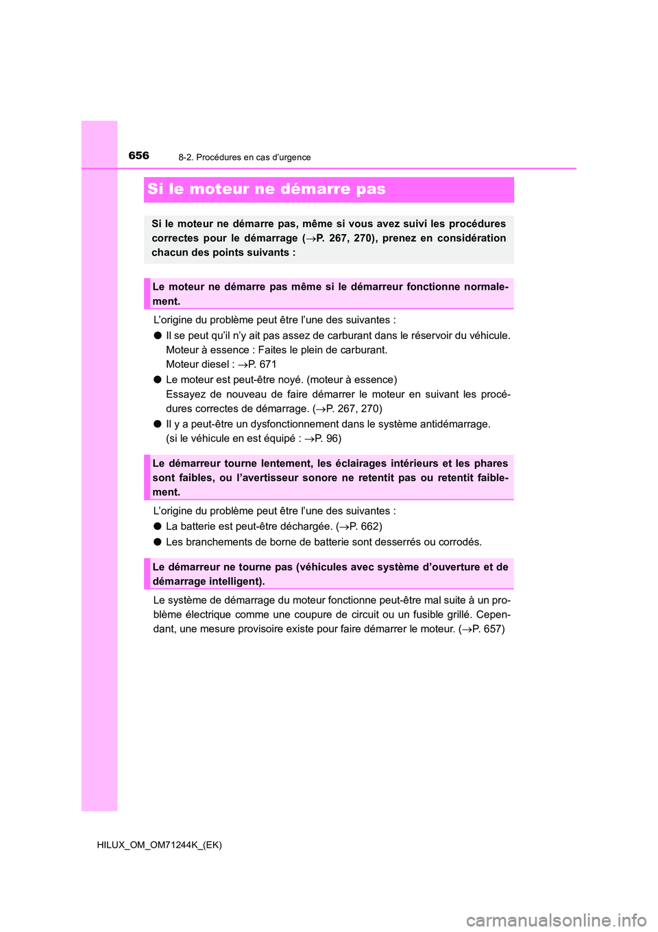 TOYOTA HILUX 2017  Notices Demploi (in French) 6568-2. Procédures en cas d’urgence
HILUX_OM_OM71244K_(EK)
Si le moteur ne démarre pas
L’origine du problème peut être l’une des suivantes : 
● Il se peut qu’il n’y ait pas assez de ca