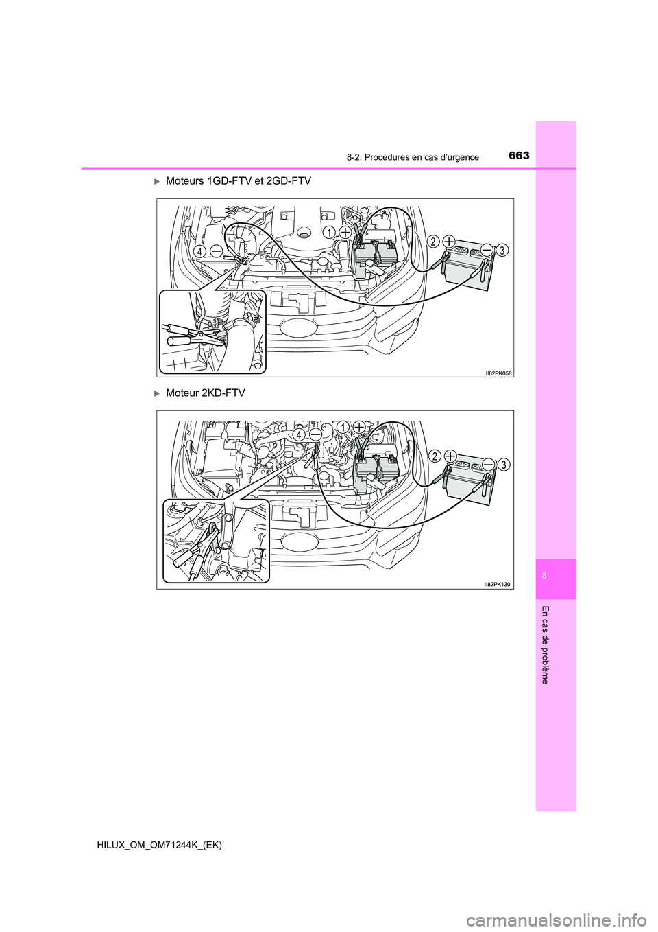 TOYOTA HILUX 2017 Notices Demploi (in French) 6638-2. Procédures en cas d’urgence
HILUX_OM_OM71244K_(EK)
8
En cas de problème
Moteurs 1GD-FTV et 2GD-FTV
Moteur 2KD-FTV
324
1 TOYOTA HILUX 2017 Notices Demploi (in French) 6638-2. Procédures en cas d’urgence
HILUX_OM_OM71244K_(EK)
8
En cas de problème
Moteurs 1GD-FTV et 2GD-FTV
Moteur 2KD-FTV
324
1