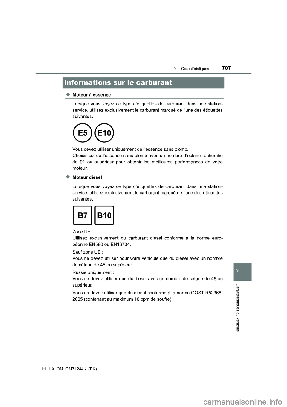 TOYOTA HILUX 2017 Notices Demploi (in French) 7079-1. Caractéristiques
HILUX_OM_OM71244K_(EK)
9
Caractéristiques du véhicule
Informations sur le carburant
◆Moteur à essence
Lorsque vous voyez ce type d’étiquettes de carburant dans une st TOYOTA HILUX 2017 Notices Demploi (in French) 7079-1. Caractéristiques
HILUX_OM_OM71244K_(EK)
9
Caractéristiques du véhicule
Informations sur le carburant
◆Moteur à essence
Lorsque vous voyez ce type d’étiquettes de carburant dans une st