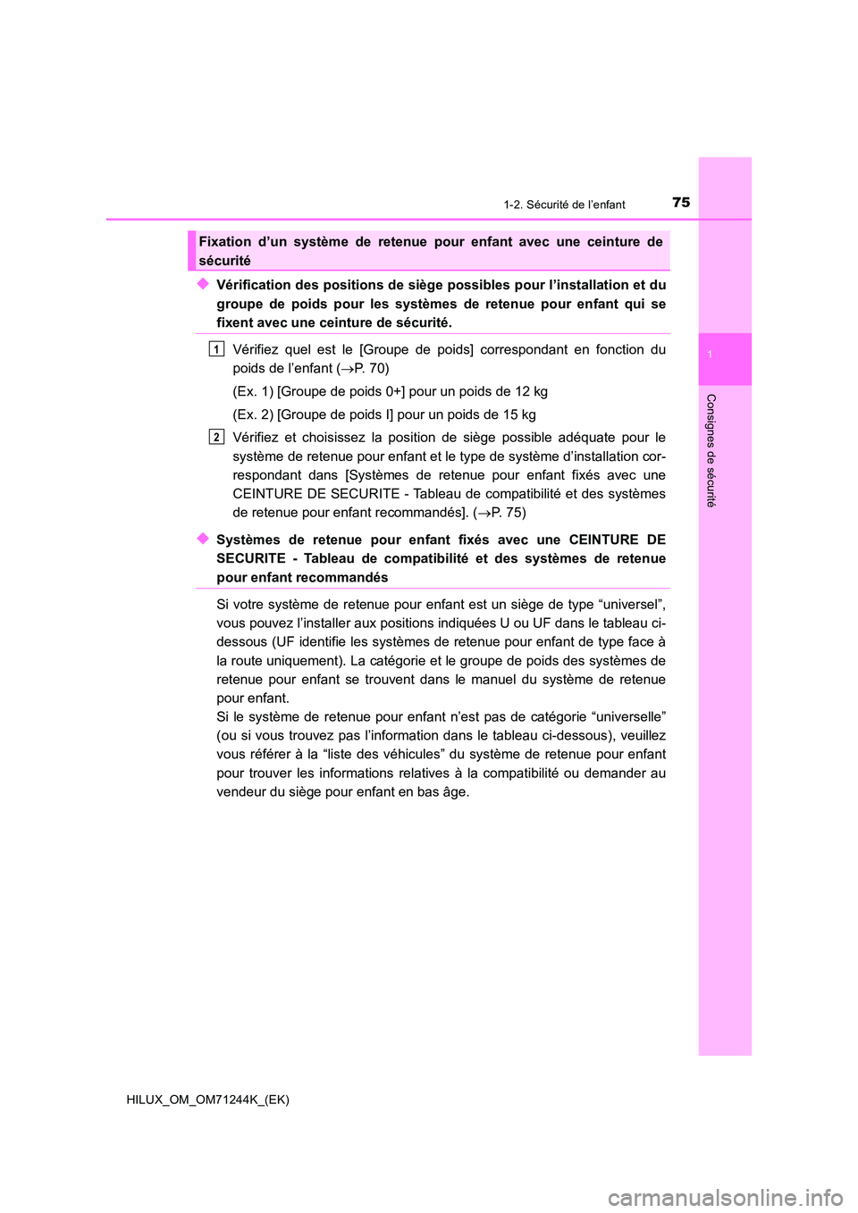 TOYOTA HILUX 2017  Notices Demploi (in French) 751-2. Sécurité de l’enfant
1
HILUX_OM_OM71244K_(EK)
Consignes de sécurité
◆Vérification des positions de siège possibles pour l’installation et du 
groupe de poids pour les systèmes de r