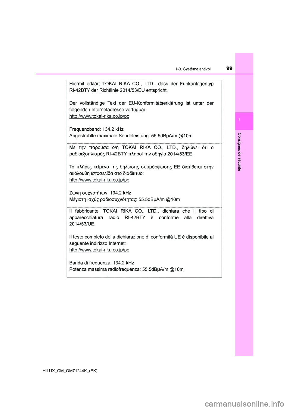 TOYOTA HILUX 2017  Notices Demploi (in French) 991-3. Système antivol
1
HILUX_OM_OM71244K_(EK)
Consignes de sécurité 
