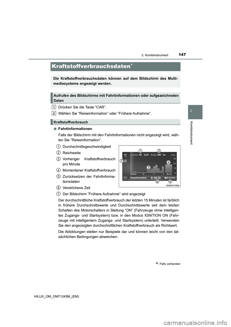 TOYOTA HILUX 2017 Betriebsanleitungen (in German) 147
2
2. Kombiinstrument
Kombiinstrument
HILUX_OM_OM71245M_(EM)
Kraftstoffverbrauchsdaten
Drücken Sie die Taste “CAR”.
Wählen Sie “Reiseinformation” oder “Frühere Aufnahme”.
■Fahrt TOYOTA HILUX 2017 Betriebsanleitungen (in German) 147
2
2. Kombiinstrument
Kombiinstrument
HILUX_OM_OM71245M_(EM)
Kraftstoffverbrauchsdaten
Drücken Sie die Taste “CAR”.
Wählen Sie “Reiseinformation” oder “Frühere Aufnahme”.
■Fahrt