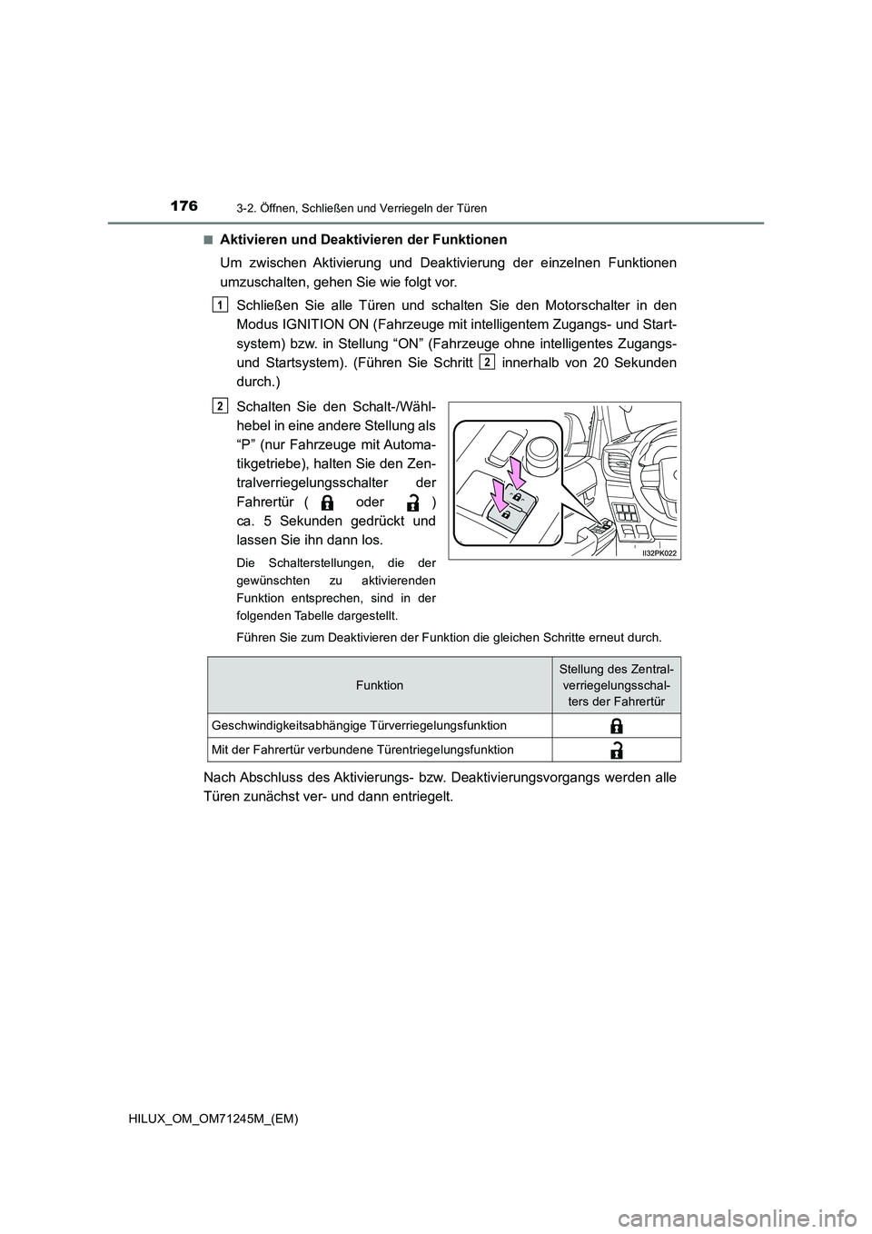 TOYOTA HILUX 2017 Betriebsanleitungen (in German) 1763-2. Öffnen, Schließen und Verriegeln der Türen
HILUX_OM_OM71245M_(EM)■
Aktivieren und Deaktivieren der Funktionen
Um zwischen Aktivierung und Deaktivierung der einzelnen Funktionen
umzuschalt TOYOTA HILUX 2017 Betriebsanleitungen (in German) 1763-2. Öffnen, Schließen und Verriegeln der Türen
HILUX_OM_OM71245M_(EM)■
Aktivieren und Deaktivieren der Funktionen
Um zwischen Aktivierung und Deaktivierung der einzelnen Funktionen
umzuschalt
