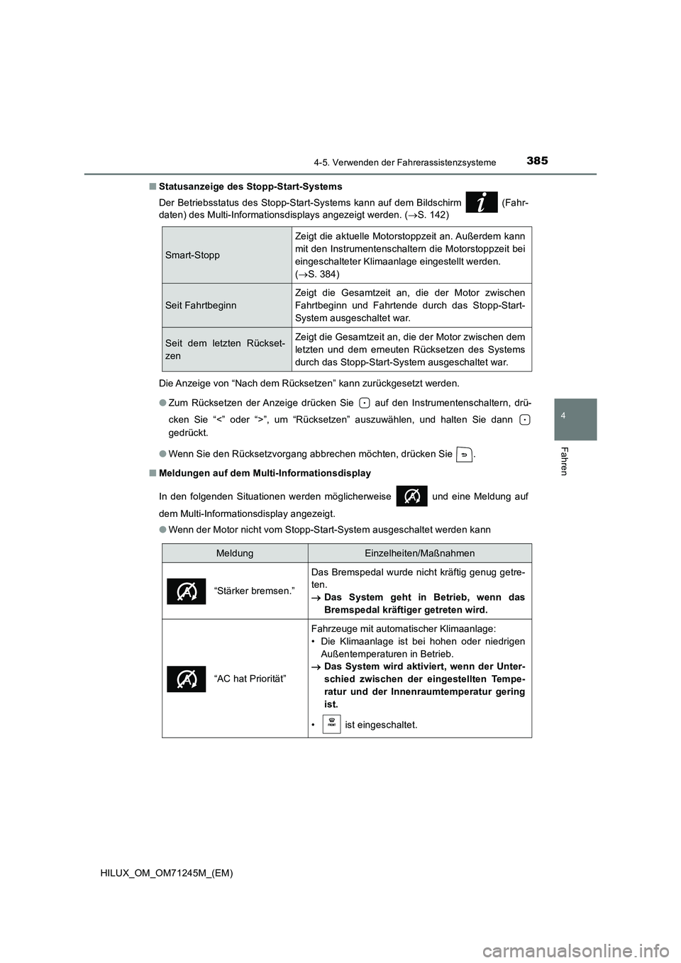 TOYOTA HILUX 2017  Betriebsanleitungen (in German) 3854-5. Verwenden der Fahrerassistenzsysteme
4
Fahren
HILUX_OM_OM71245M_(EM) 
■ Statusanzeige des Stopp-Start-Systems 
Der Betriebsstatus des Stopp-Start-Systems kann auf dem Bildschirm   (Fahr- 
da