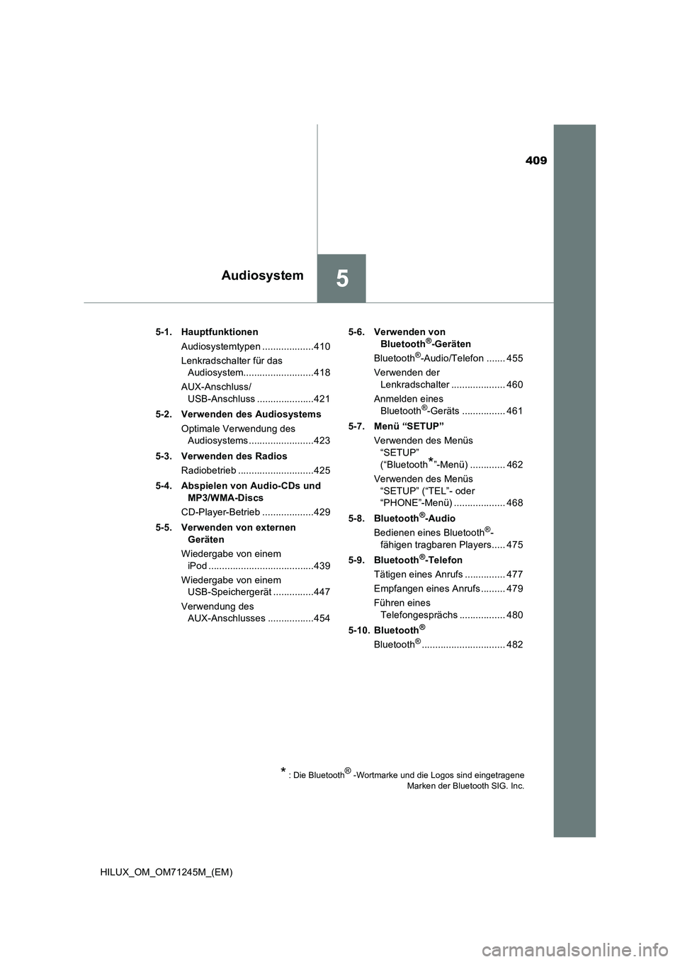 TOYOTA HILUX 2017  Betriebsanleitungen (in German) 409
5Audiosystem
HILUX_OM_OM71245M_(EM)5-1. Hauptfunktionen
Audiosystemtypen ...................410
Lenkradschalter für das 
Audiosystem..........................418
AUX-Anschluss/
USB-Anschluss ....