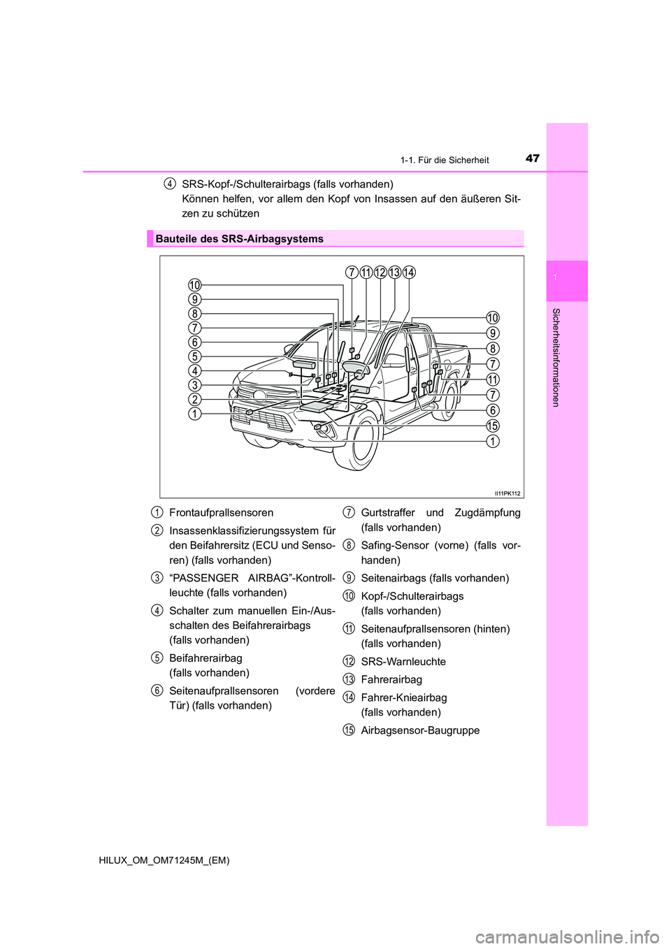 TOYOTA HILUX 2017 Betriebsanleitungen (in German) 471-1. Für die Sicherheit
1
HILUX_OM_OM71245M_(EM)
Sicherheitsinformationen
SRS-Kopf-/Schulterairbags (falls vorhanden)
Können helfen, vor allem den Kopf von Insassen auf den äußeren Sit-
zen z TOYOTA HILUX 2017 Betriebsanleitungen (in German) 471-1. Für die Sicherheit
1
HILUX_OM_OM71245M_(EM)
Sicherheitsinformationen
SRS-Kopf-/Schulterairbags (falls vorhanden)
Können helfen, vor allem den Kopf von Insassen auf den äußeren Sit-
zen z