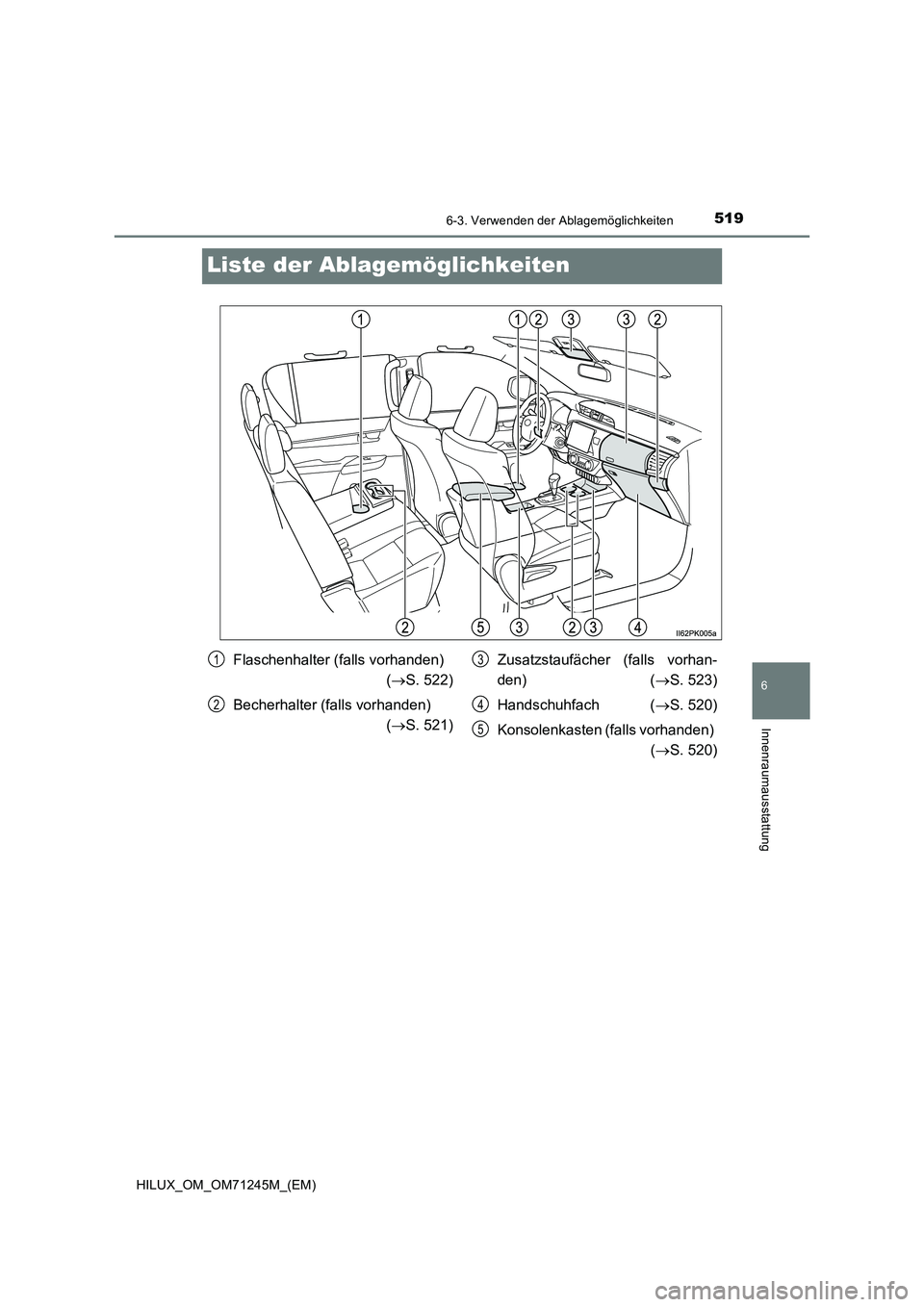 TOYOTA HILUX 2017  Betriebsanleitungen (in German) 5196-3. Verwenden der Ablagemöglichkeiten
HILUX_OM_OM71245M_(EM)
6
Innenraumausstattung
Liste der Ablagemöglichkeiten
Flaschenhalter (falls vorhanden) 
(S. 522)
Becherhalter (falls vorhanden) 
(