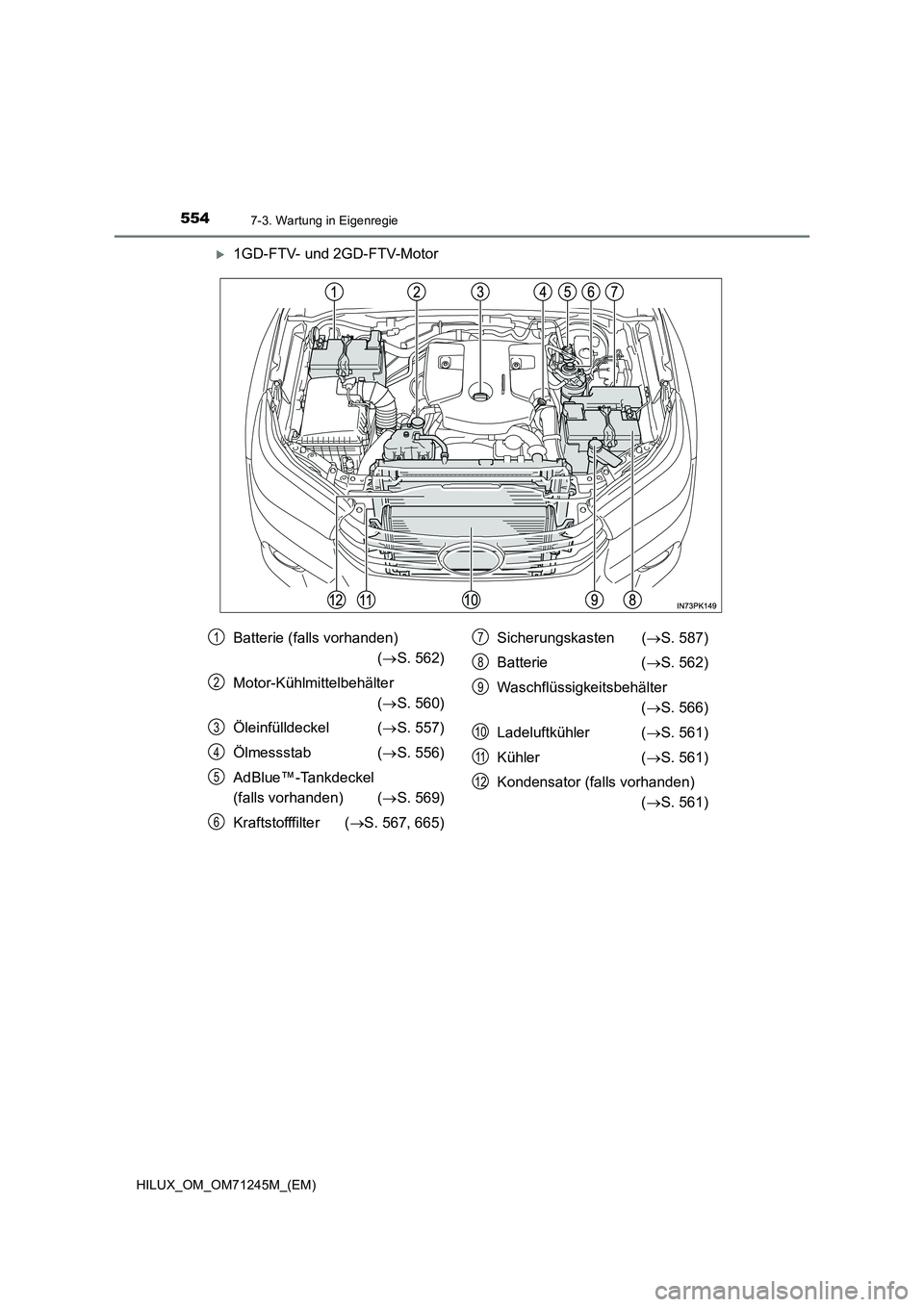 TOYOTA HILUX 2017 Betriebsanleitungen (in German) 5547-3. Wartung in Eigenregie
HILUX_OM_OM71245M_(EM)
1GD-FTV- und 2GD-FTV-Motor
Batterie (falls vorhanden)
( S. 562)
Motor-Kühlmittelbehälter
( S. 560)
Öleinfülldeckel ( S. 557) TOYOTA HILUX 2017 Betriebsanleitungen (in German) 5547-3. Wartung in Eigenregie
HILUX_OM_OM71245M_(EM)
1GD-FTV- und 2GD-FTV-Motor
Batterie (falls vorhanden)
( S. 562)
Motor-Kühlmittelbehälter
( S. 560)
Öleinfülldeckel ( S. 557)