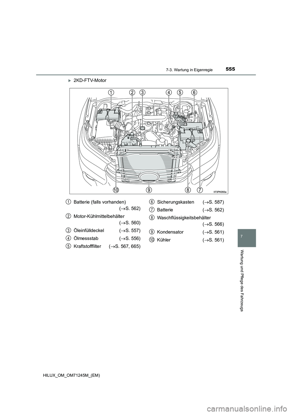TOYOTA HILUX 2017 Betriebsanleitungen (in German) 5557-3. Wartung in Eigenregie
HILUX_OM_OM71245M_(EM)
7
Wartung und Pflege des Fahrzeugs
2KD-FTV-Motor
Batterie (falls vorhanden)
( S. 562)
Motor-Kühlmittelbehälter
( S. 560)
Öleinf TOYOTA HILUX 2017 Betriebsanleitungen (in German) 5557-3. Wartung in Eigenregie
HILUX_OM_OM71245M_(EM)
7
Wartung und Pflege des Fahrzeugs
2KD-FTV-Motor
Batterie (falls vorhanden)
( S. 562)
Motor-Kühlmittelbehälter
( S. 560)
Öleinf