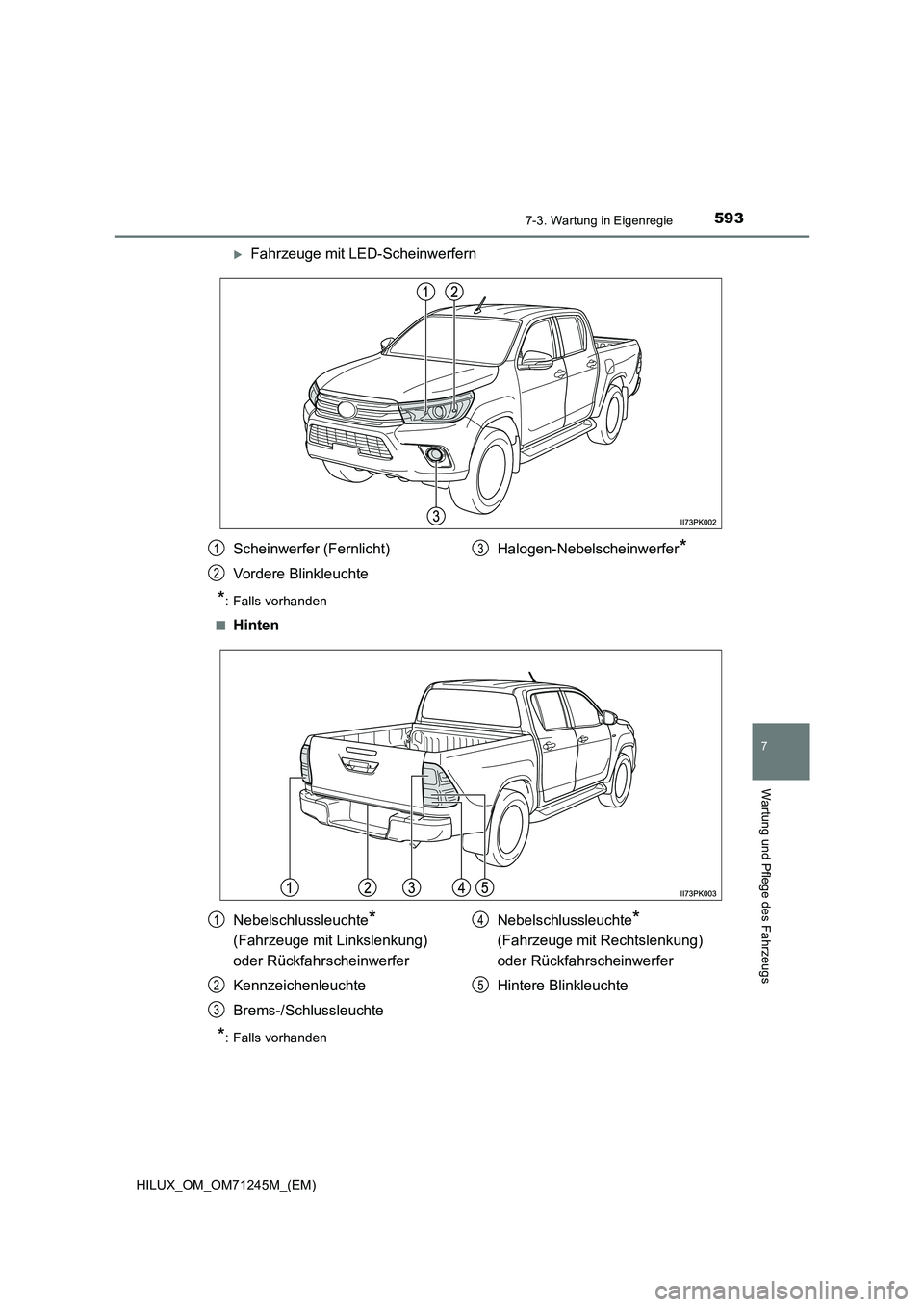TOYOTA HILUX 2017  Betriebsanleitungen (in German) 5937-3. Wartung in Eigenregie
HILUX_OM_OM71245M_(EM)
7
Wartung und Pflege des Fahrzeugs
Fahrzeuge mit LED-Scheinwerfern
*: Falls vorhanden
■
Hinten
*: Falls vorhanden
Scheinwerfer (Fernlicht)
Vor