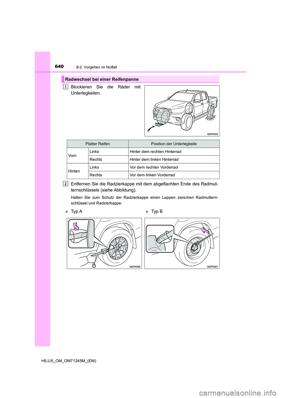 TOYOTA HILUX 2017  Betriebsanleitungen (in German) 6408-2. Vorgehen im Notfall
HILUX_OM_OM71245M_(EM)
Blockieren Sie die Räder mit 
Unterlegkeilen. 
Entfernen Sie die Radzierkappe mit dem abgeflachten Ende des Radmut- 
ternschlüssels (siehe Abbildun