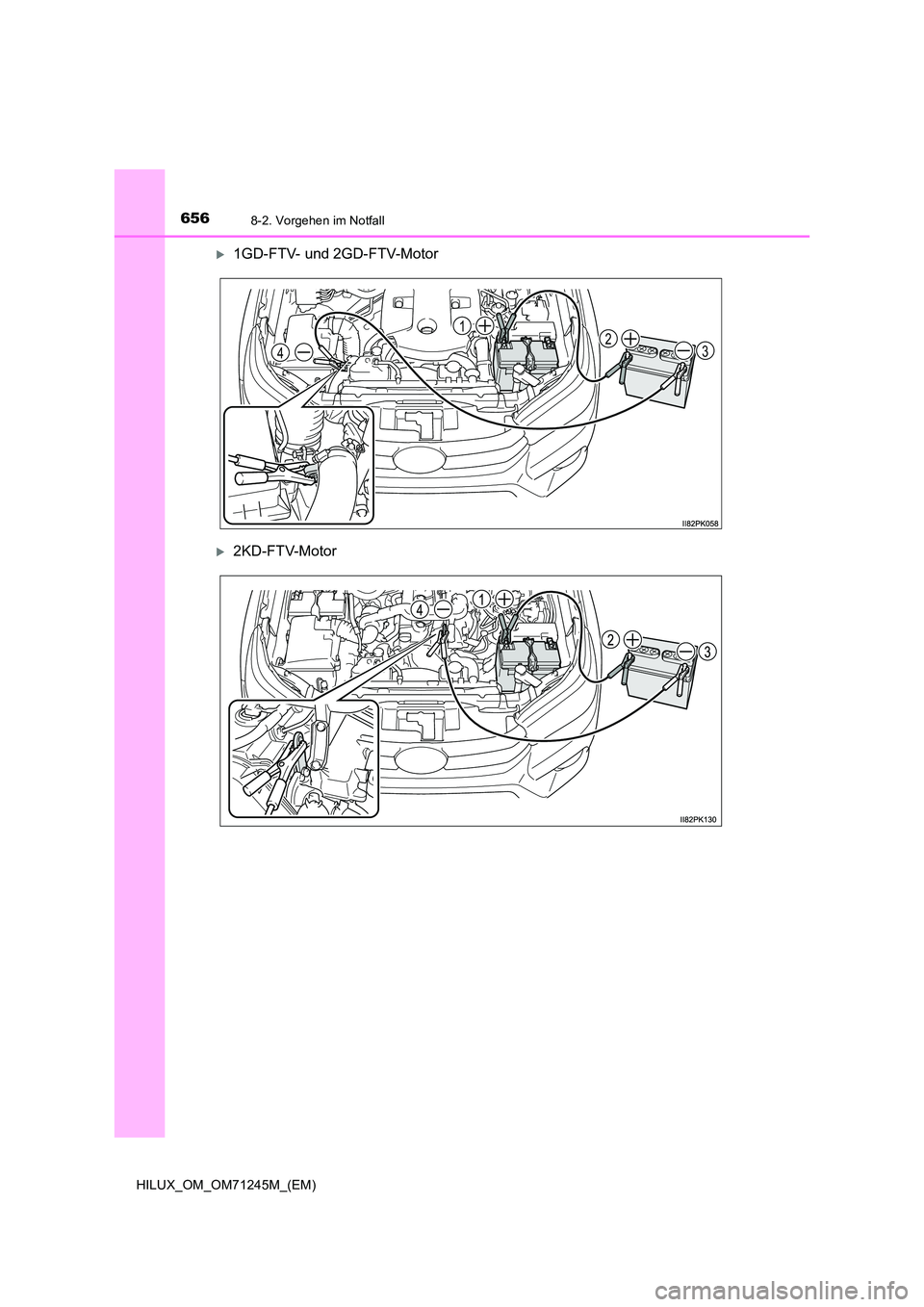 TOYOTA HILUX 2017  Betriebsanleitungen (in German) 6568-2. Vorgehen im Notfall
HILUX_OM_OM71245M_(EM)
1GD-FTV- und 2GD-FTV-Motor
2KD-FTV-Motor
324
1 