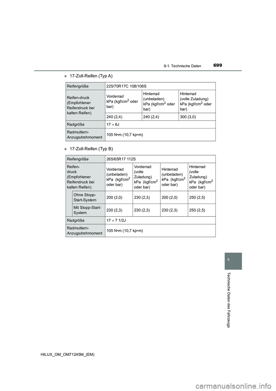 TOYOTA HILUX 2017 Betriebsanleitungen (in German) 699
9
9-1. Technische Daten
Technische Daten des Fahrzeugs
HILUX_OM_OM71245M_(EM)
17-Zoll-Reifen (Typ A)
17-Zoll-Reifen (Typ B)
Reifengröße 225/70R17C 108/106S
Reifen-druck
(Empfohlener
Reif TOYOTA HILUX 2017 Betriebsanleitungen (in German) 699
9
9-1. Technische Daten
Technische Daten des Fahrzeugs
HILUX_OM_OM71245M_(EM)
17-Zoll-Reifen (Typ A)
17-Zoll-Reifen (Typ B)
Reifengröße 225/70R17C 108/106S
Reifen-druck
(Empfohlener
Reif
