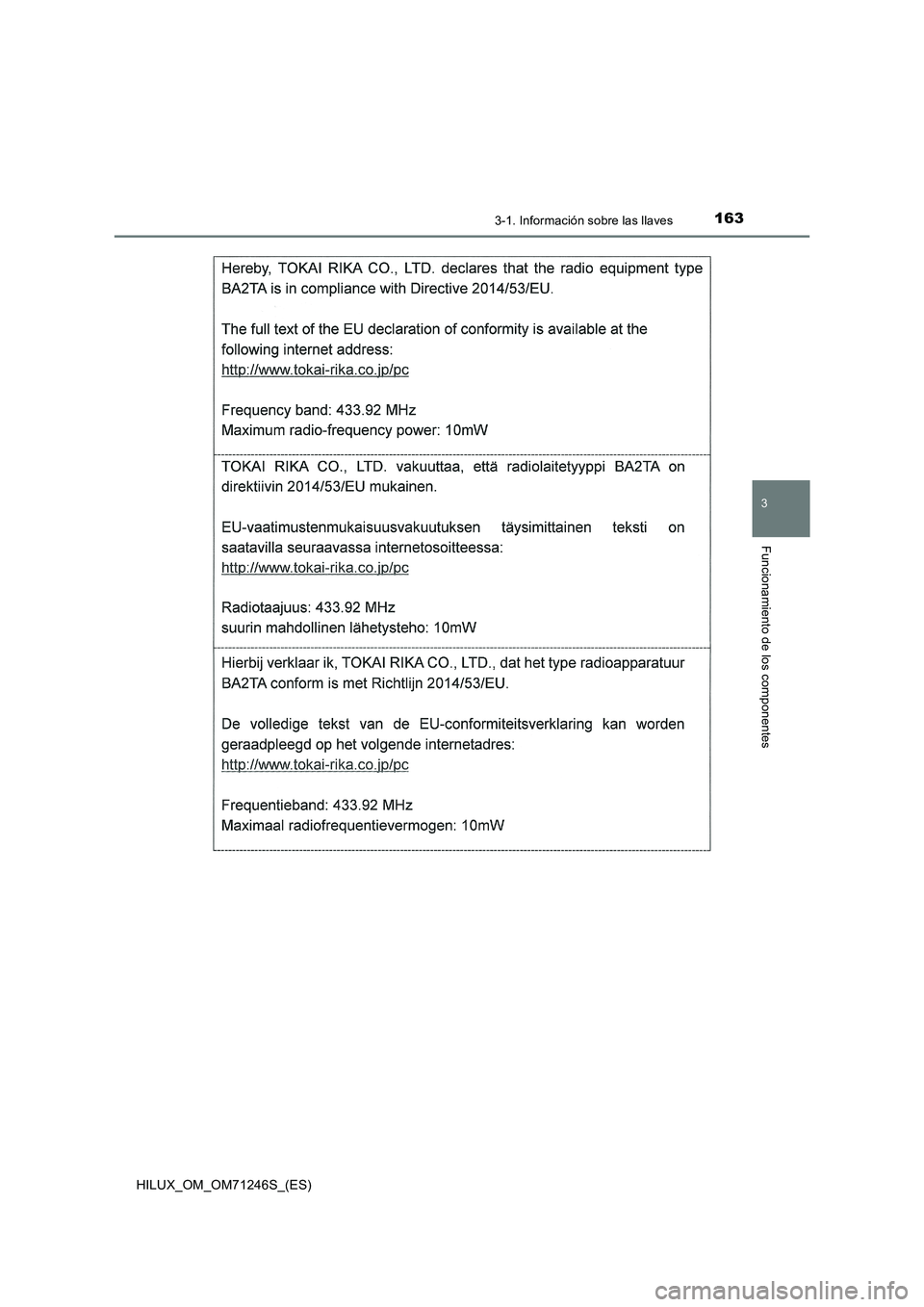 TOYOTA HILUX 2017 Manuale de Empleo (in Spanish) 1633-1. Información sobre las llaves
3
Funcionamiento de los componentes
HILUX_OM_OM71246S_(ES) TOYOTA HILUX 2017 Manuale de Empleo (in Spanish) 1633-1. Información sobre las llaves
3
Funcionamiento de los componentes
HILUX_OM_OM71246S_(ES)