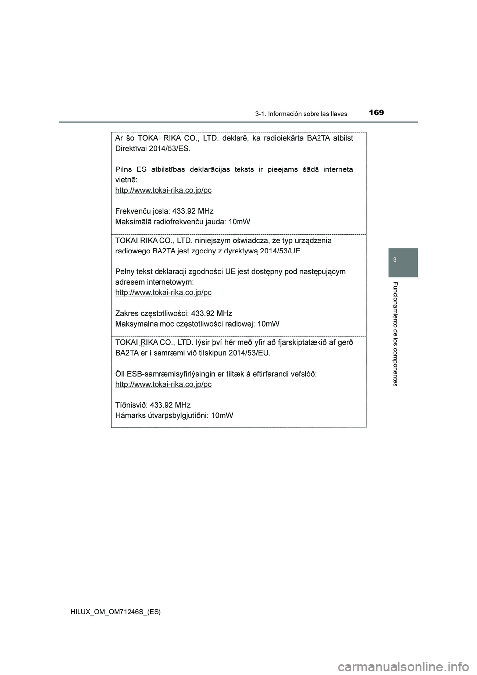 TOYOTA HILUX 2017 Manuale de Empleo (in Spanish) 1693-1. Información sobre las llaves
3
Funcionamiento de los componentes
HILUX_OM_OM71246S_(ES) TOYOTA HILUX 2017 Manuale de Empleo (in Spanish) 1693-1. Información sobre las llaves
3
Funcionamiento de los componentes
HILUX_OM_OM71246S_(ES)