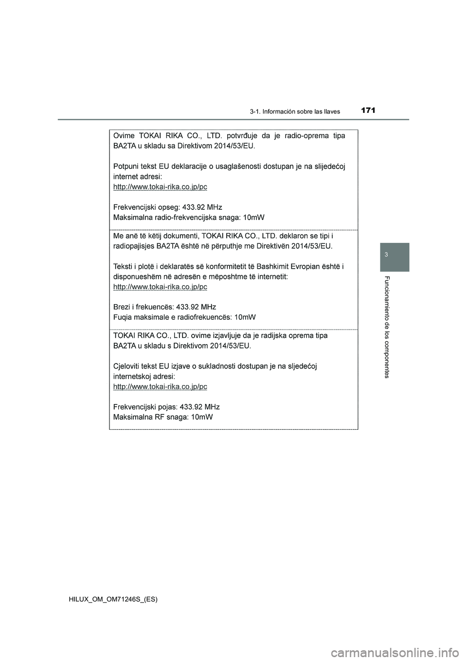 TOYOTA HILUX 2017 Manuale de Empleo (in Spanish) 1713-1. Información sobre las llaves
3
Funcionamiento de los componentes
HILUX_OM_OM71246S_(ES) TOYOTA HILUX 2017 Manuale de Empleo (in Spanish) 1713-1. Información sobre las llaves
3
Funcionamiento de los componentes
HILUX_OM_OM71246S_(ES)