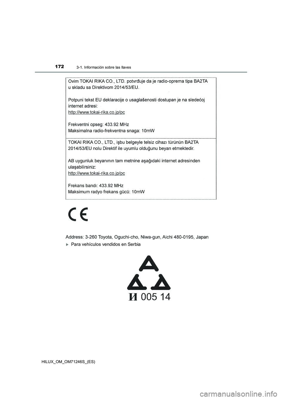 TOYOTA HILUX 2017 Manuale de Empleo (in Spanish) 1723-1. Información sobre las llaves
HILUX_OM_OM71246S_(ES)
Para vehículos vendidos en Serbia TOYOTA HILUX 2017 Manuale de Empleo (in Spanish) 1723-1. Información sobre las llaves
HILUX_OM_OM71246S_(ES)
Para vehículos vendidos en Serbia