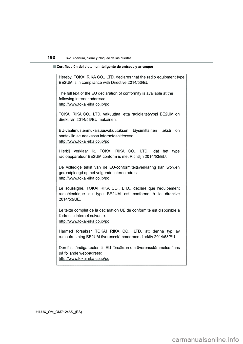 TOYOTA HILUX 2017  Manuale de Empleo (in Spanish) 1923-2. Apertura, cierre y bloqueo de las puertas
HILUX_OM_OM71246S_(ES)■Certificación del sistema inteligente de entrada y arranque 