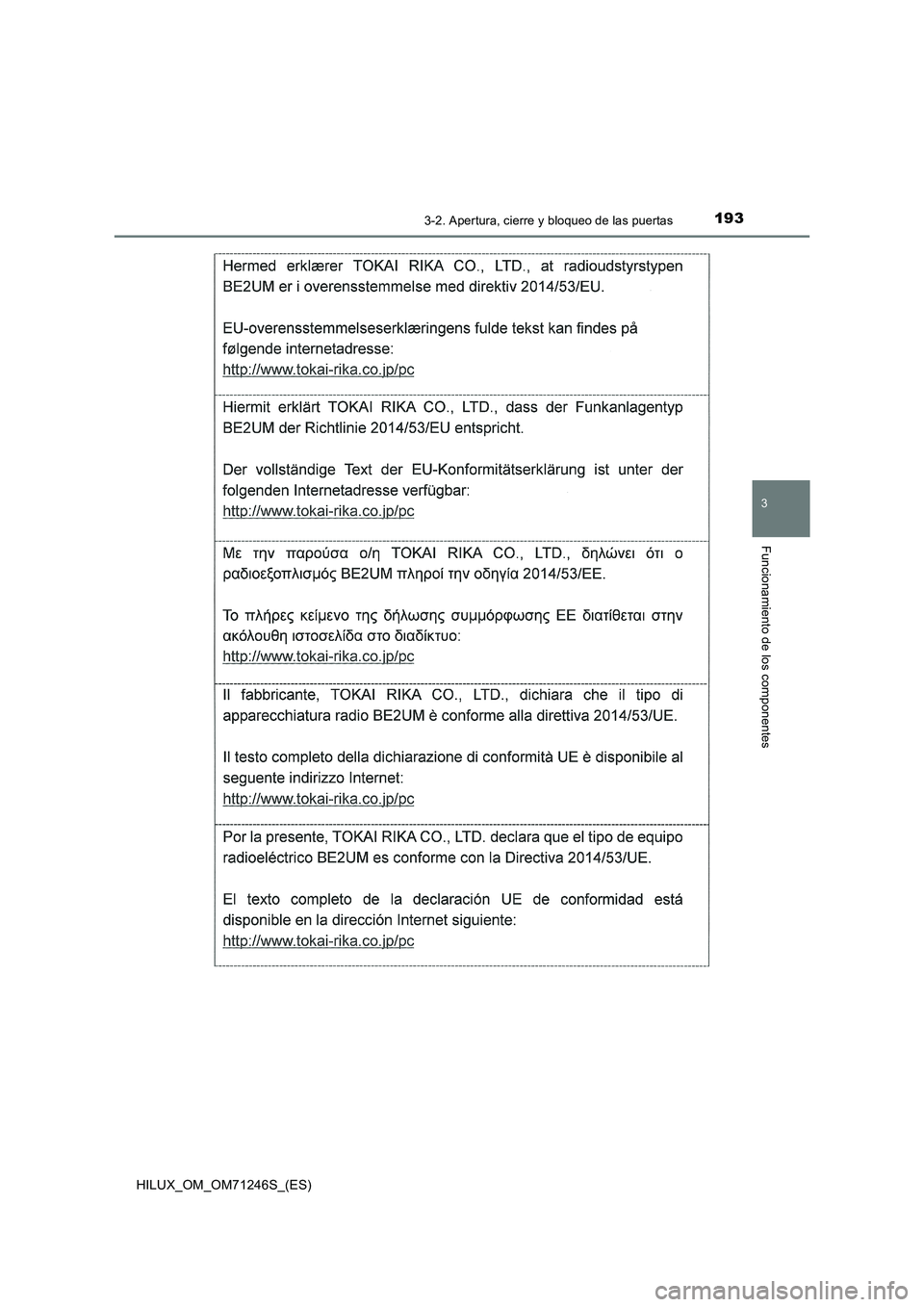 TOYOTA HILUX 2017  Manuale de Empleo (in Spanish) 1933-2. Apertura, cierre y bloqueo de las puertas
3
Funcionamiento de los componentes
HILUX_OM_OM71246S_(ES) 