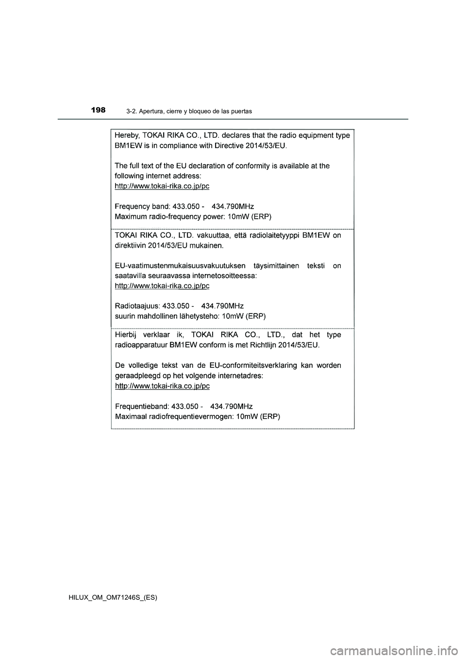 TOYOTA HILUX 2017  Manuale de Empleo (in Spanish) 1983-2. Apertura, cierre y bloqueo de las puertas
HILUX_OM_OM71246S_(ES) 