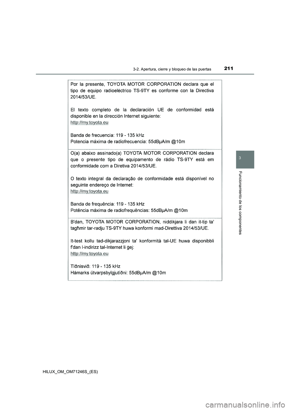 TOYOTA HILUX 2017  Manuale de Empleo (in Spanish) 2113-2. Apertura, cierre y bloqueo de las puertas
3
Funcionamiento de los componentes
HILUX_OM_OM71246S_(ES) 