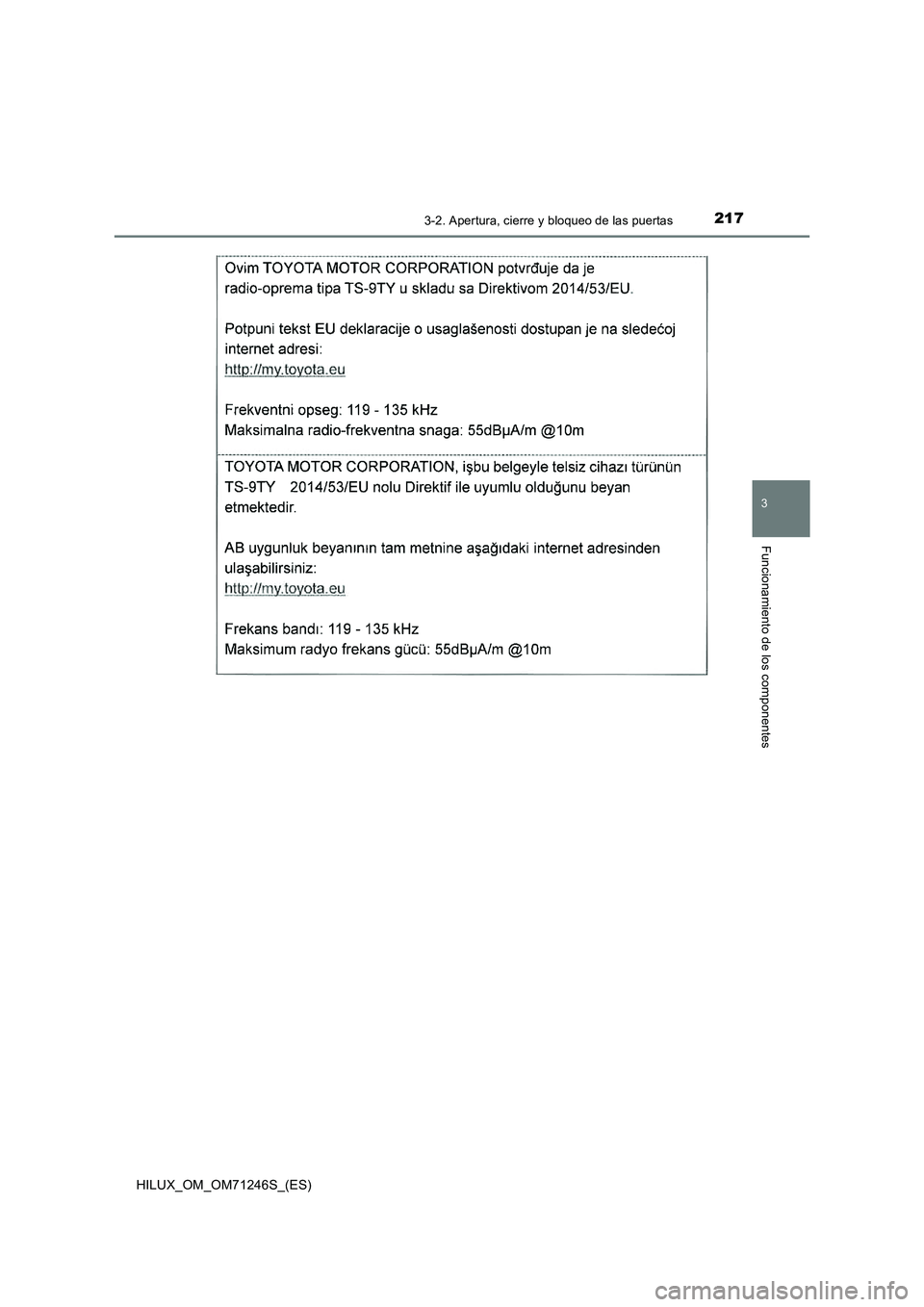 TOYOTA HILUX 2017  Manuale de Empleo (in Spanish) 2173-2. Apertura, cierre y bloqueo de las puertas
3
Funcionamiento de los componentes
HILUX_OM_OM71246S_(ES) 