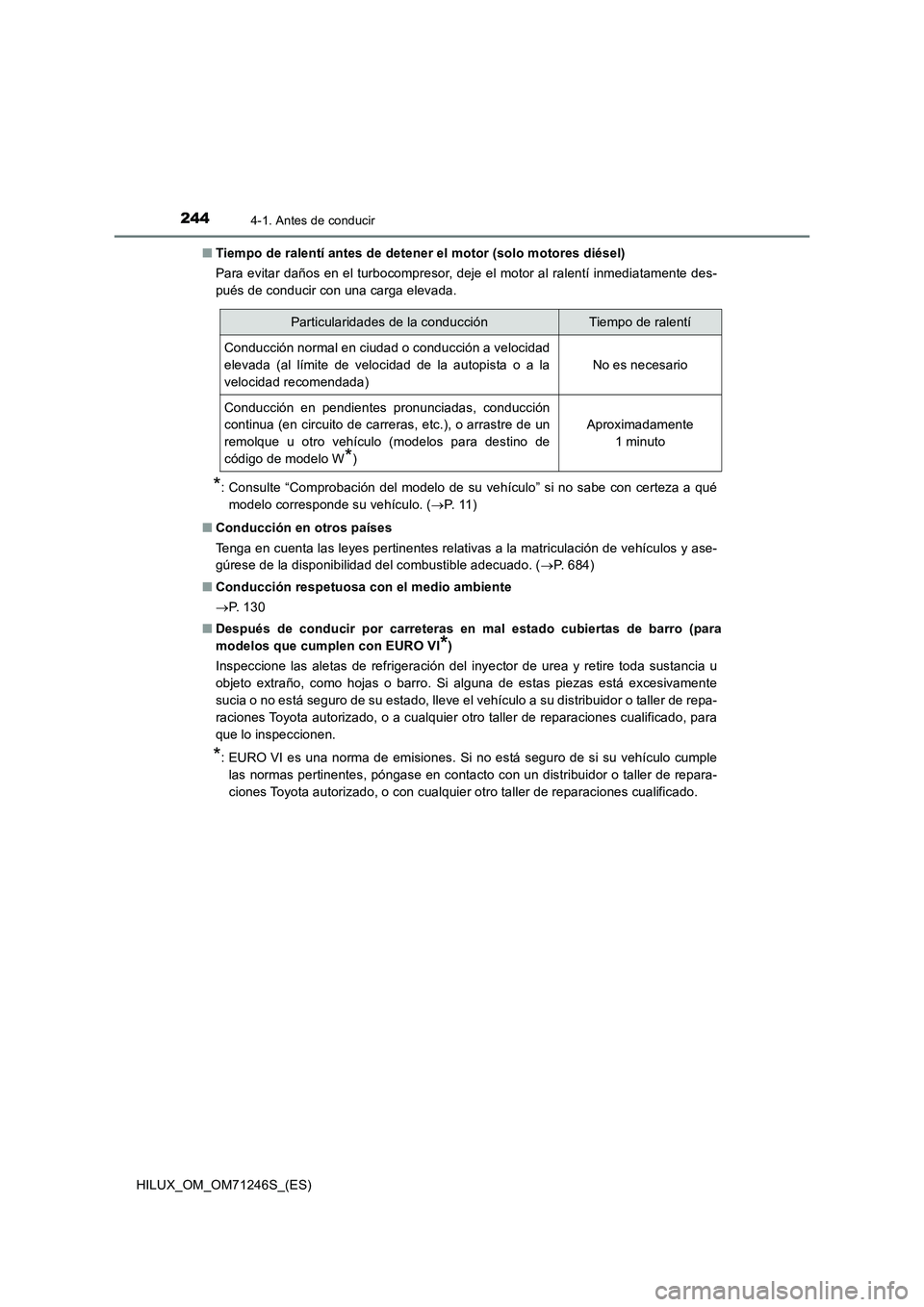 TOYOTA HILUX 2017  Manuale de Empleo (in Spanish) 2444-1. Antes de conducir
HILUX_OM_OM71246S_(ES)■Tiempo de ralentí antes de detener el motor (solo motores diésel)
Para evitar daños en el turbocompresor, deje el motor al ralentí inmediatamente