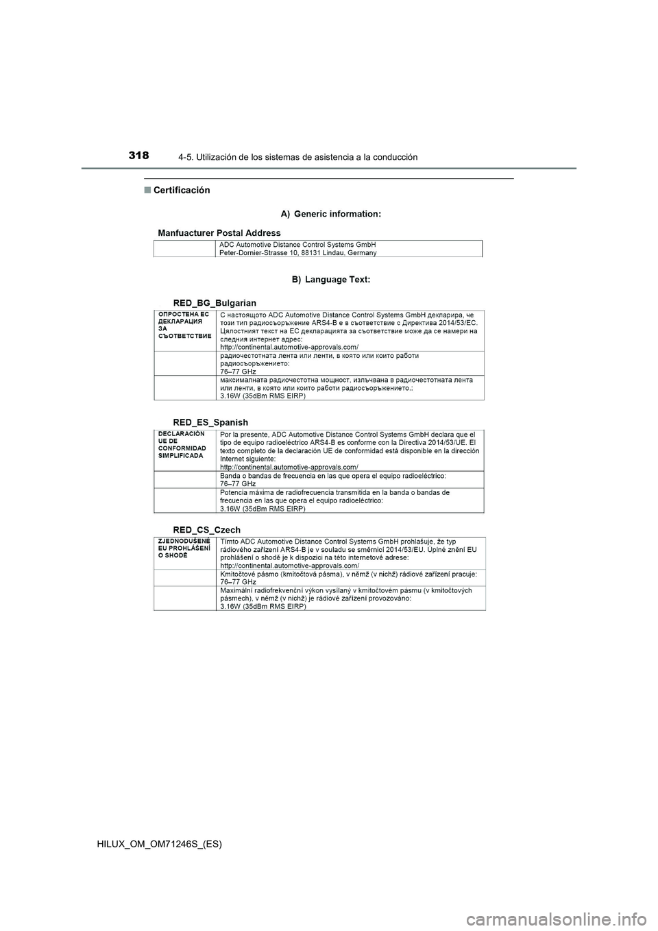 TOYOTA HILUX 2017  Manuale de Empleo (in Spanish) 3184-5. Utilización de los sistemas de asistencia a la conducción
HILUX_OM_OM71246S_(ES)
■Certificación 