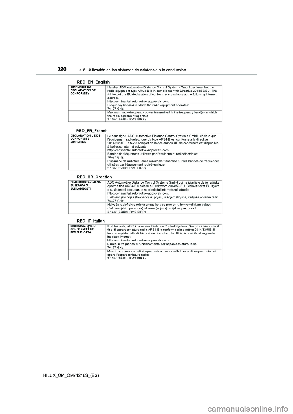 TOYOTA HILUX 2017  Manuale de Empleo (in Spanish) 3204-5. Utilización de los sistemas de asistencia a la conducción
HILUX_OM_OM71246S_(ES) 