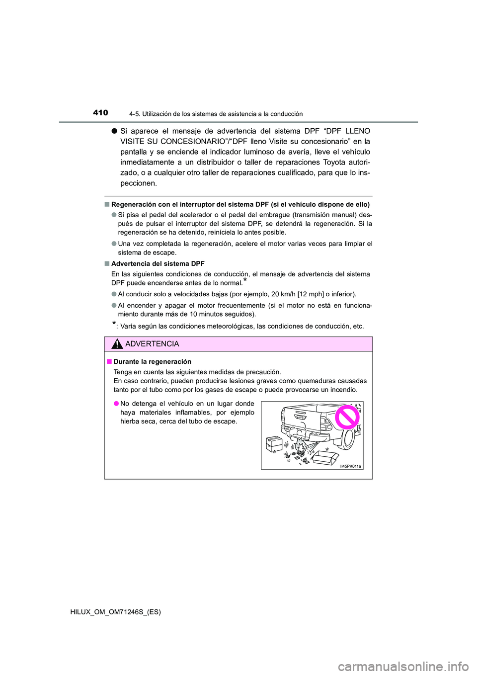 TOYOTA HILUX 2017 Manuale de Empleo (in Spanish) 4104-5. Utilización de los sistemas de asistencia a la conducción
HILUX_OM_OM71246S_(ES)
●Si aparece el mensaje de advertencia del sistema DPF “DPF LLENO
VISITE SU CONCESIONARIO”/“DPF lleno TOYOTA HILUX 2017 Manuale de Empleo (in Spanish) 4104-5. Utilización de los sistemas de asistencia a la conducción
HILUX_OM_OM71246S_(ES)
●Si aparece el mensaje de advertencia del sistema DPF “DPF LLENO
VISITE SU CONCESIONARIO”/“DPF lleno