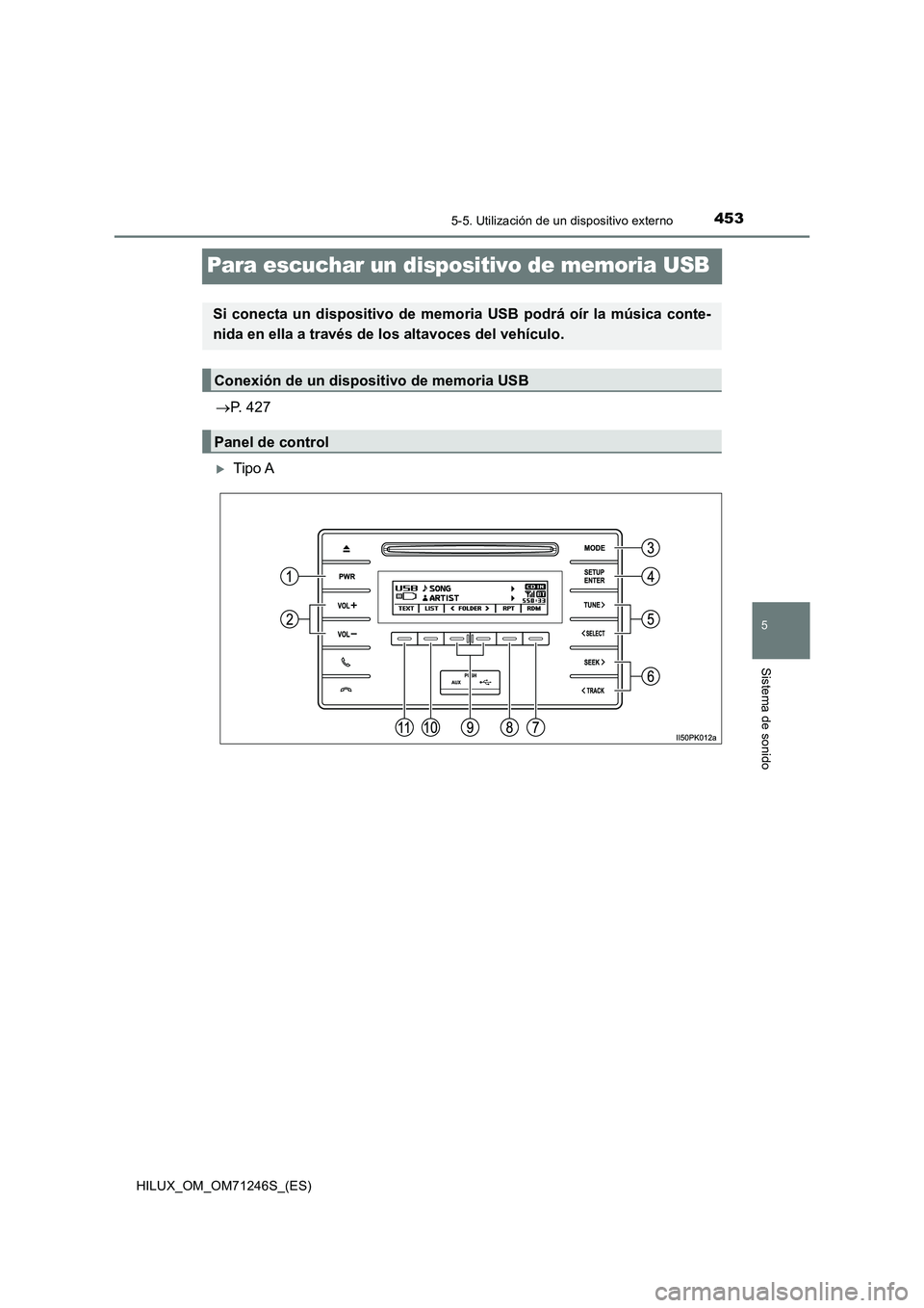 TOYOTA HILUX 2017  Manuale de Empleo (in Spanish) 453
5
5-5. Utilización de un dispositivo externo
Sistema de sonido
HILUX_OM_OM71246S_(ES)
Para escuchar un dispositivo de memoria USB
P. 427
Tipo A
Si conecta un dispositivo de memoria USB podr
