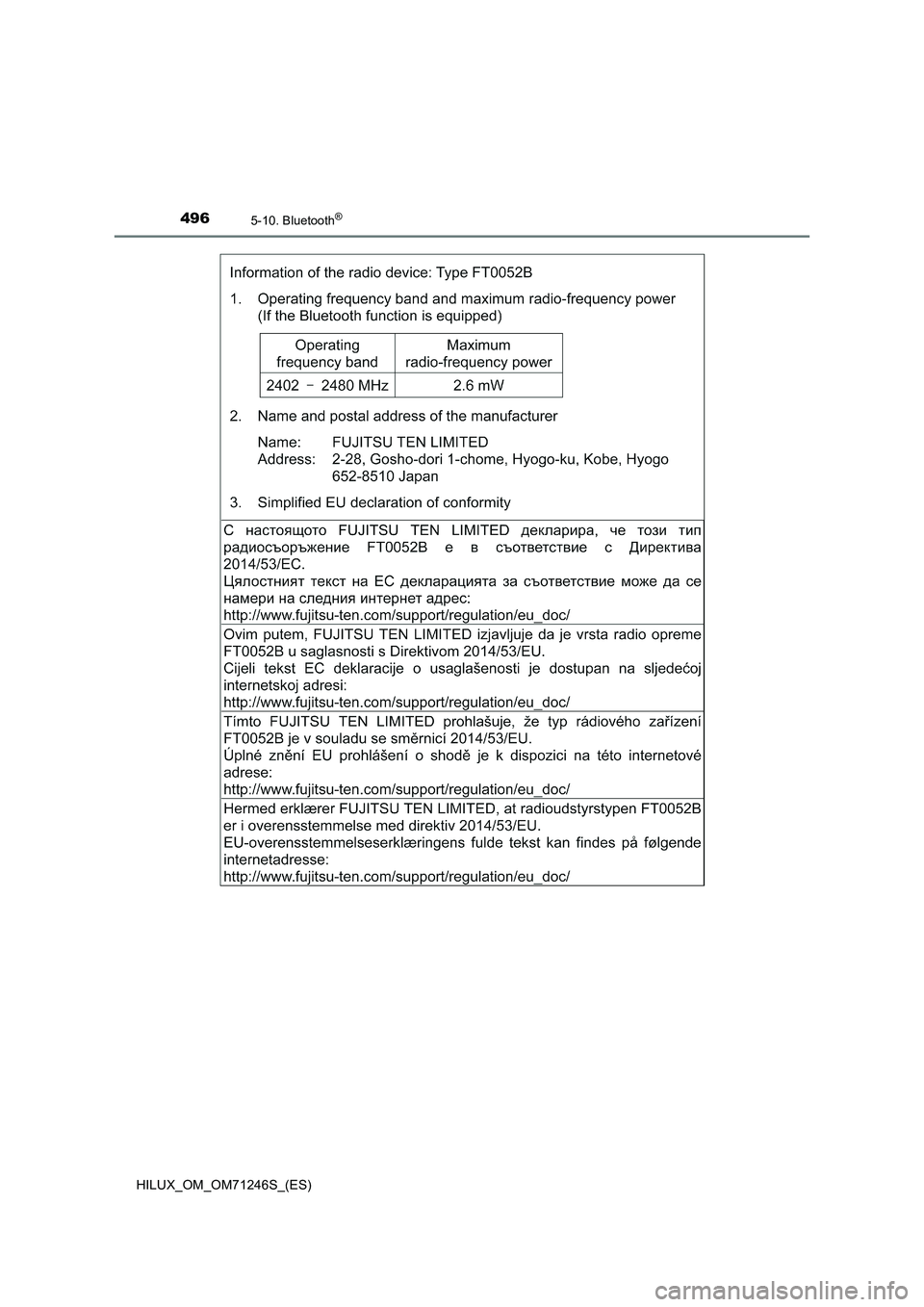 TOYOTA HILUX 2017 Manuale de Empleo (in Spanish) 4965-10. Bluetooth®
HILUX_OM_OM71246S_(ES) TOYOTA HILUX 2017 Manuale de Empleo (in Spanish) 4965-10. Bluetooth®
HILUX_OM_OM71246S_(ES)