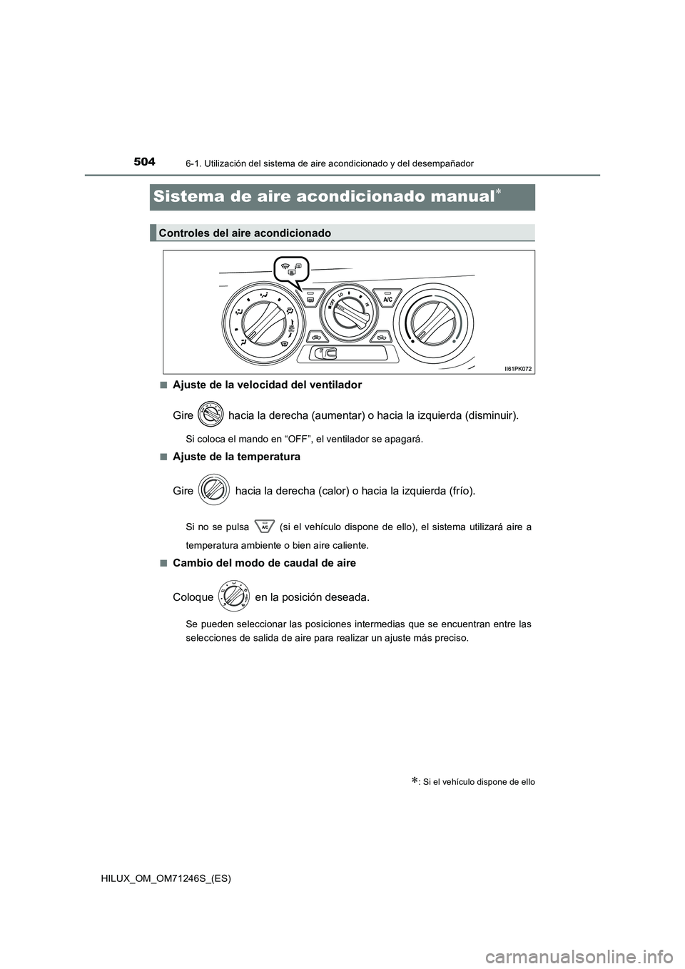 TOYOTA HILUX 2017 Manuale de Empleo (in Spanish) 5046-1. Utilización del sistema de aire acondicionado y del desempañador
HILUX_OM_OM71246S_(ES)
Sistema de aire acondicionado manual
■Ajuste de la velocidad del ventilador
Gire hacia la dere TOYOTA HILUX 2017 Manuale de Empleo (in Spanish) 5046-1. Utilización del sistema de aire acondicionado y del desempañador
HILUX_OM_OM71246S_(ES)
Sistema de aire acondicionado manual
■Ajuste de la velocidad del ventilador
Gire hacia la dere
