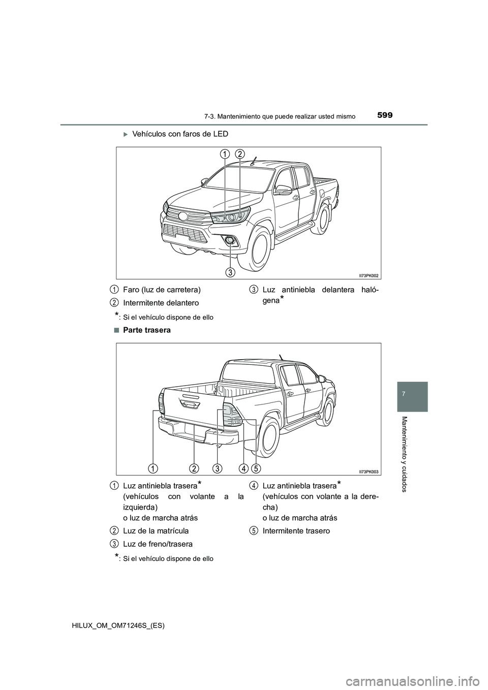 TOYOTA HILUX 2017 Manuale de Empleo (in Spanish) 5997-3. Mantenimiento que puede realizar usted mismo
HILUX_OM_OM71246S_(ES)
7
Mantenimiento y cuidados
Vehículos con faros de LED
*: Si el vehículo dispone de ello
■
Parte trasera
*: Si el veh TOYOTA HILUX 2017 Manuale de Empleo (in Spanish) 5997-3. Mantenimiento que puede realizar usted mismo
HILUX_OM_OM71246S_(ES)
7
Mantenimiento y cuidados
Vehículos con faros de LED
*: Si el vehículo dispone de ello
■
Parte trasera
*: Si el veh