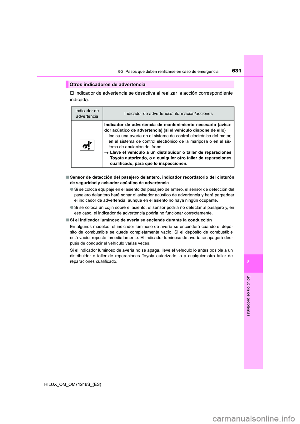 TOYOTA HILUX 2017 Manuale de Empleo (in Spanish) 6318-2. Pasos que deben realizarse en caso de emergencia
HILUX_OM_OM71246S_(ES)
8
Solución de problemas
El indicador de advertencia se desactiva al realizar la acción correspondiente
indicada.
■ TOYOTA HILUX 2017 Manuale de Empleo (in Spanish) 6318-2. Pasos que deben realizarse en caso de emergencia
HILUX_OM_OM71246S_(ES)
8
Solución de problemas
El indicador de advertencia se desactiva al realizar la acción correspondiente
indicada.
■