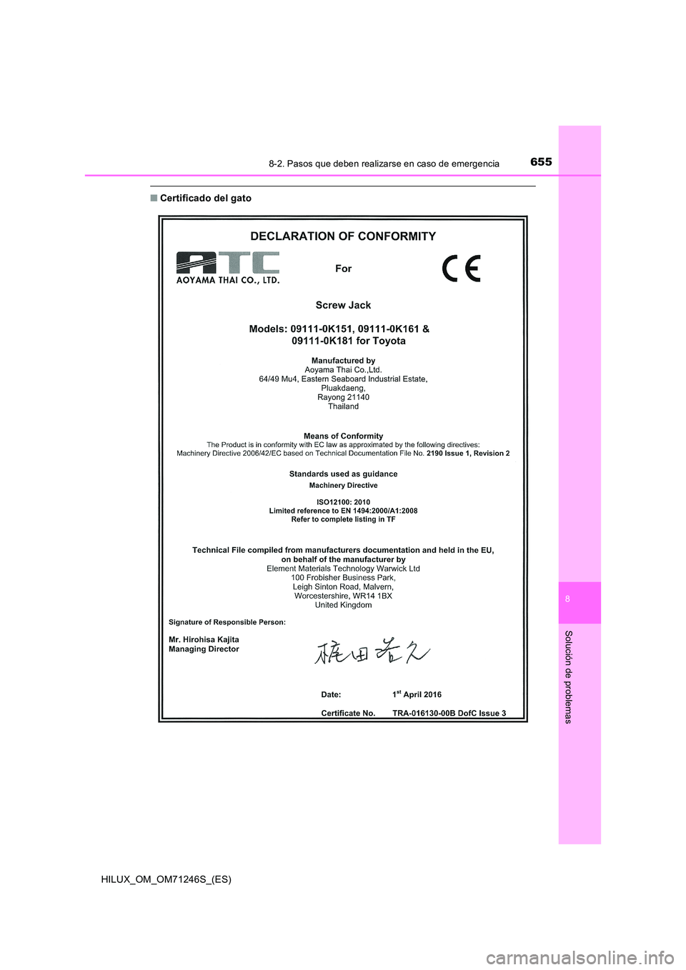 TOYOTA HILUX 2017 Manuale de Empleo (in Spanish) 6558-2. Pasos que deben realizarse en caso de emergencia
HILUX_OM_OM71246S_(ES)
8
Solución de problemas
■Certificado del gato TOYOTA HILUX 2017 Manuale de Empleo (in Spanish) 6558-2. Pasos que deben realizarse en caso de emergencia
HILUX_OM_OM71246S_(ES)
8
Solución de problemas
■Certificado del gato