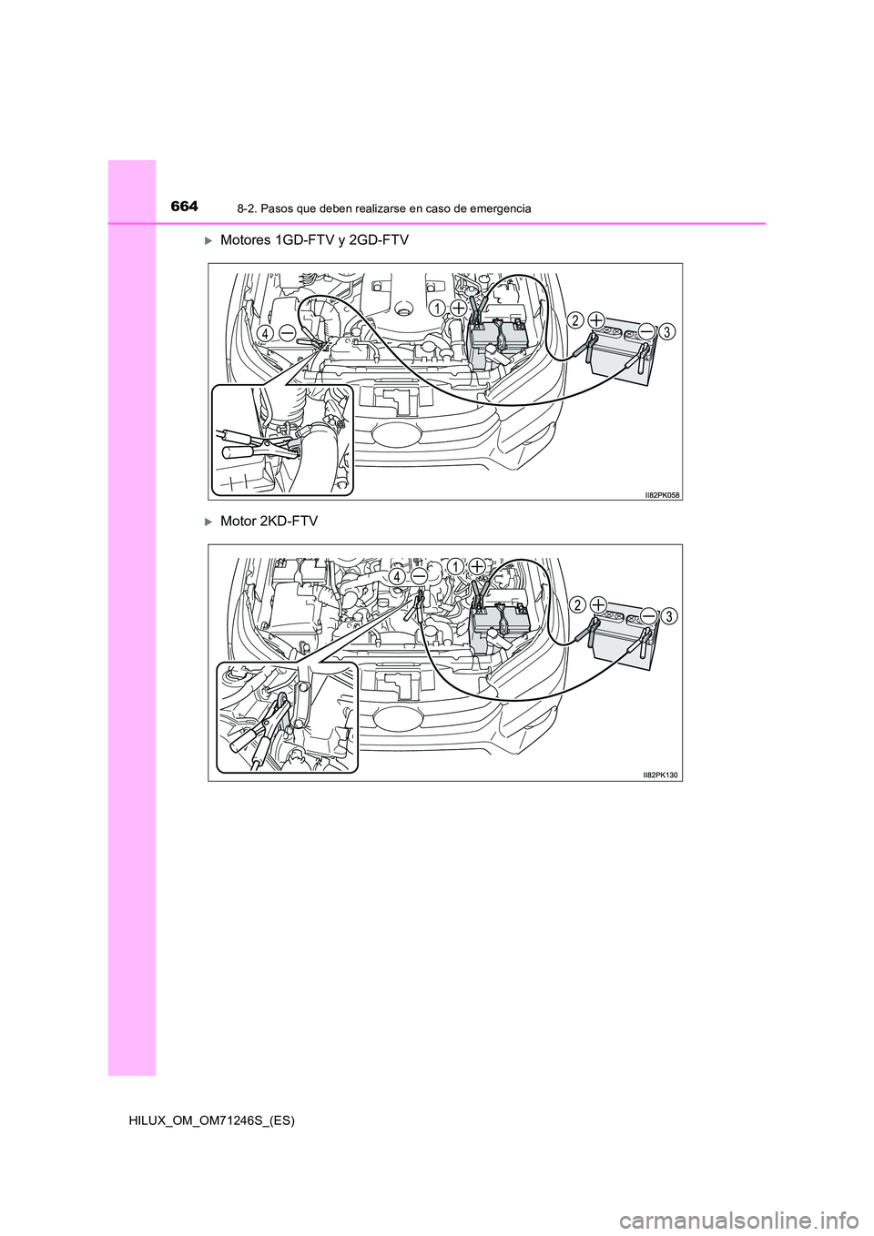 TOYOTA HILUX 2017 Manuale de Empleo (in Spanish) 6648-2. Pasos que deben realizarse en caso de emergencia
HILUX_OM_OM71246S_(ES)
Motores 1GD-FTV y 2GD-FTV
Motor 2KD-FTV
324
1 TOYOTA HILUX 2017 Manuale de Empleo (in Spanish) 6648-2. Pasos que deben realizarse en caso de emergencia
HILUX_OM_OM71246S_(ES)
Motores 1GD-FTV y 2GD-FTV
Motor 2KD-FTV
324
1