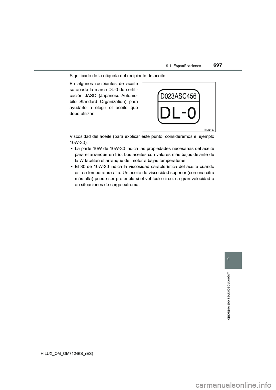 TOYOTA HILUX 2017 Manuale de Empleo (in Spanish) 697
9
9-1. Especificaciones
Especificaciones del vehículo
HILUX_OM_OM71246S_(ES)
Significado de la etiqueta del recipiente de aceite:
En algunos recipientes de aceite
se añade la marca DL-0 de certi TOYOTA HILUX 2017 Manuale de Empleo (in Spanish) 697
9
9-1. Especificaciones
Especificaciones del vehículo
HILUX_OM_OM71246S_(ES)
Significado de la etiqueta del recipiente de aceite:
En algunos recipientes de aceite
se añade la marca DL-0 de certi