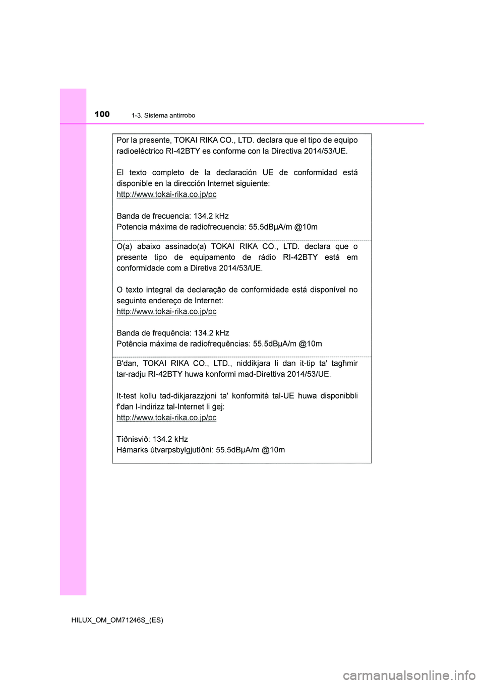 TOYOTA HILUX 2017  Manuale de Empleo (in Spanish) 1001-3. Sistema antirrobo
HILUX_OM_OM71246S_(ES) 