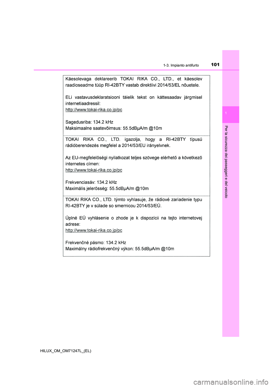 TOYOTA HILUX 2017 Manuale duso (in Italian) 1011-3. Impianto antifurto
1
HILUX_OM_OM71247L_(EL)
Per la sicurezza dei passeggeri e del veicolo TOYOTA HILUX 2017 Manuale duso (in Italian) 1011-3. Impianto antifurto
1
HILUX_OM_OM71247L_(EL)
Per la sicurezza dei passeggeri e del veicolo