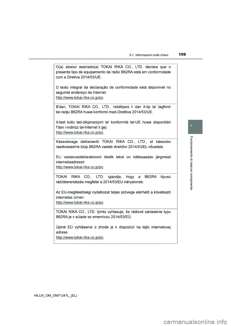 TOYOTA HILUX 2017 Manuale duso (in Italian) 1593-1. Informazioni sulle chiavi
3
Funzionamento di ciascun componente
HILUX_OM_OM71247L_(EL) TOYOTA HILUX 2017 Manuale duso (in Italian) 1593-1. Informazioni sulle chiavi
3
Funzionamento di ciascun componente
HILUX_OM_OM71247L_(EL)