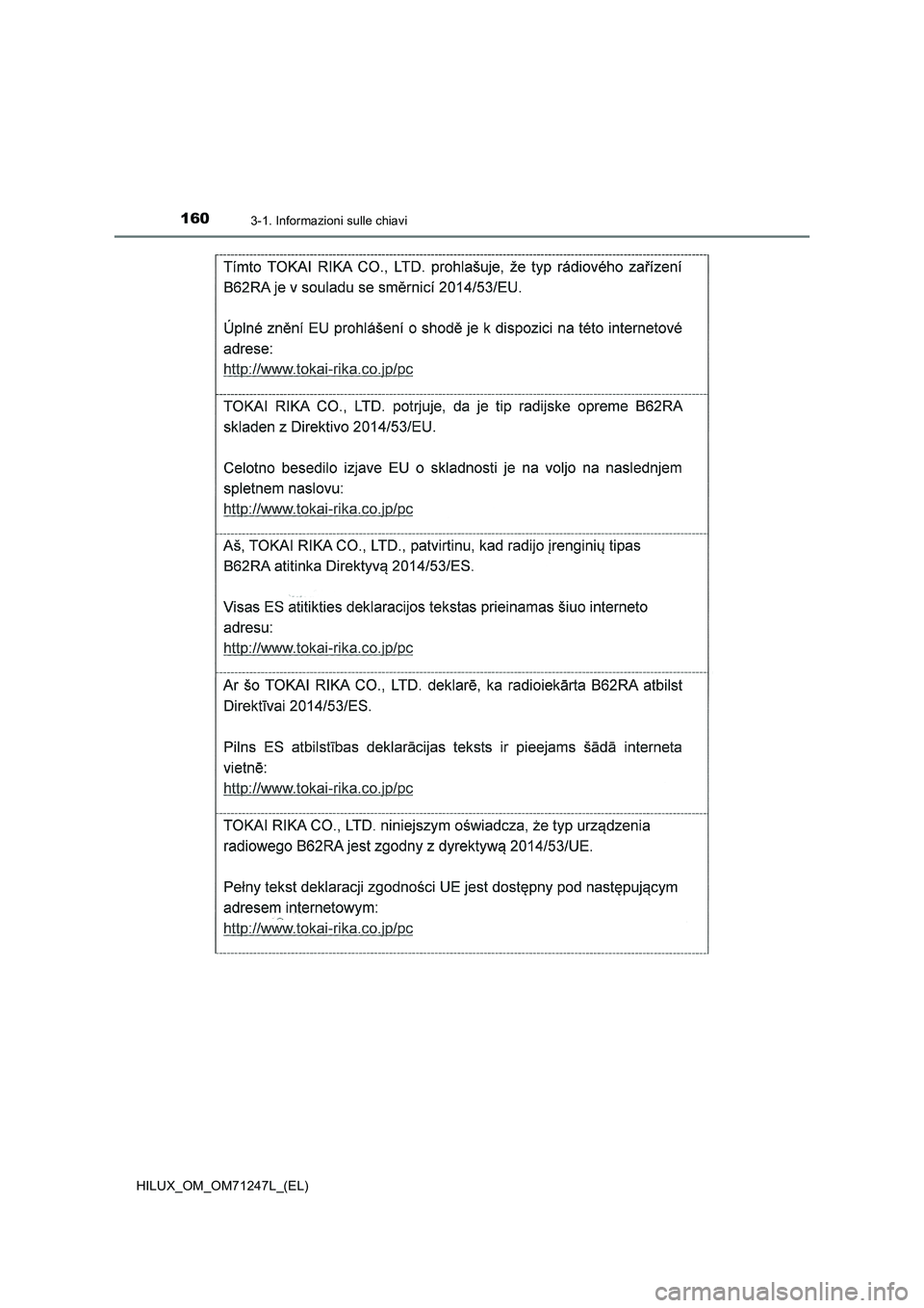TOYOTA HILUX 2017 Manuale duso (in Italian) 1603-1. Informazioni sulle chiavi
HILUX_OM_OM71247L_(EL) TOYOTA HILUX 2017 Manuale duso (in Italian) 1603-1. Informazioni sulle chiavi
HILUX_OM_OM71247L_(EL)