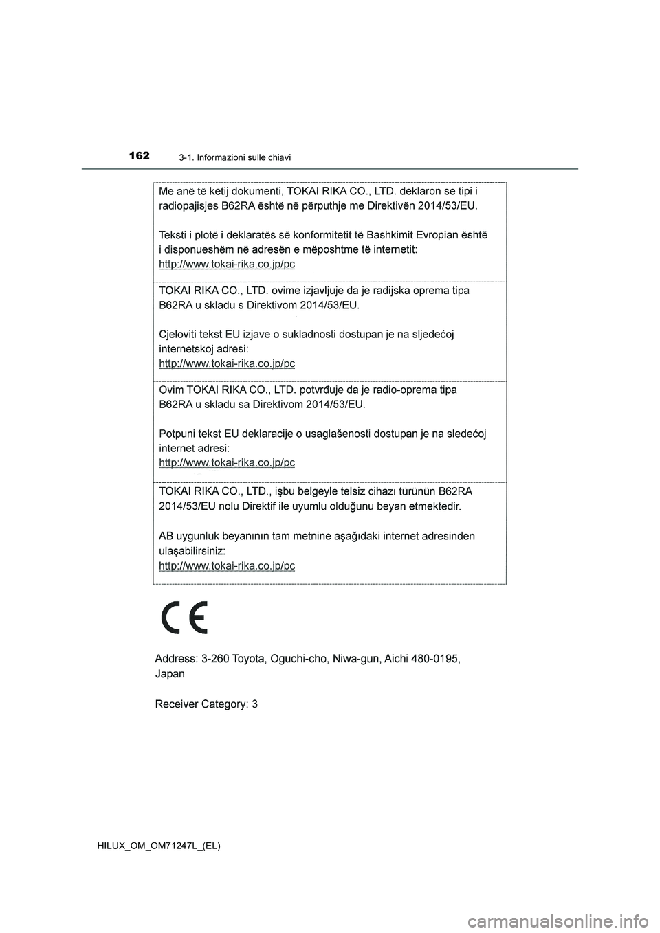 TOYOTA HILUX 2017 Manuale duso (in Italian) 1623-1. Informazioni sulle chiavi
HILUX_OM_OM71247L_(EL) TOYOTA HILUX 2017 Manuale duso (in Italian) 1623-1. Informazioni sulle chiavi
HILUX_OM_OM71247L_(EL)