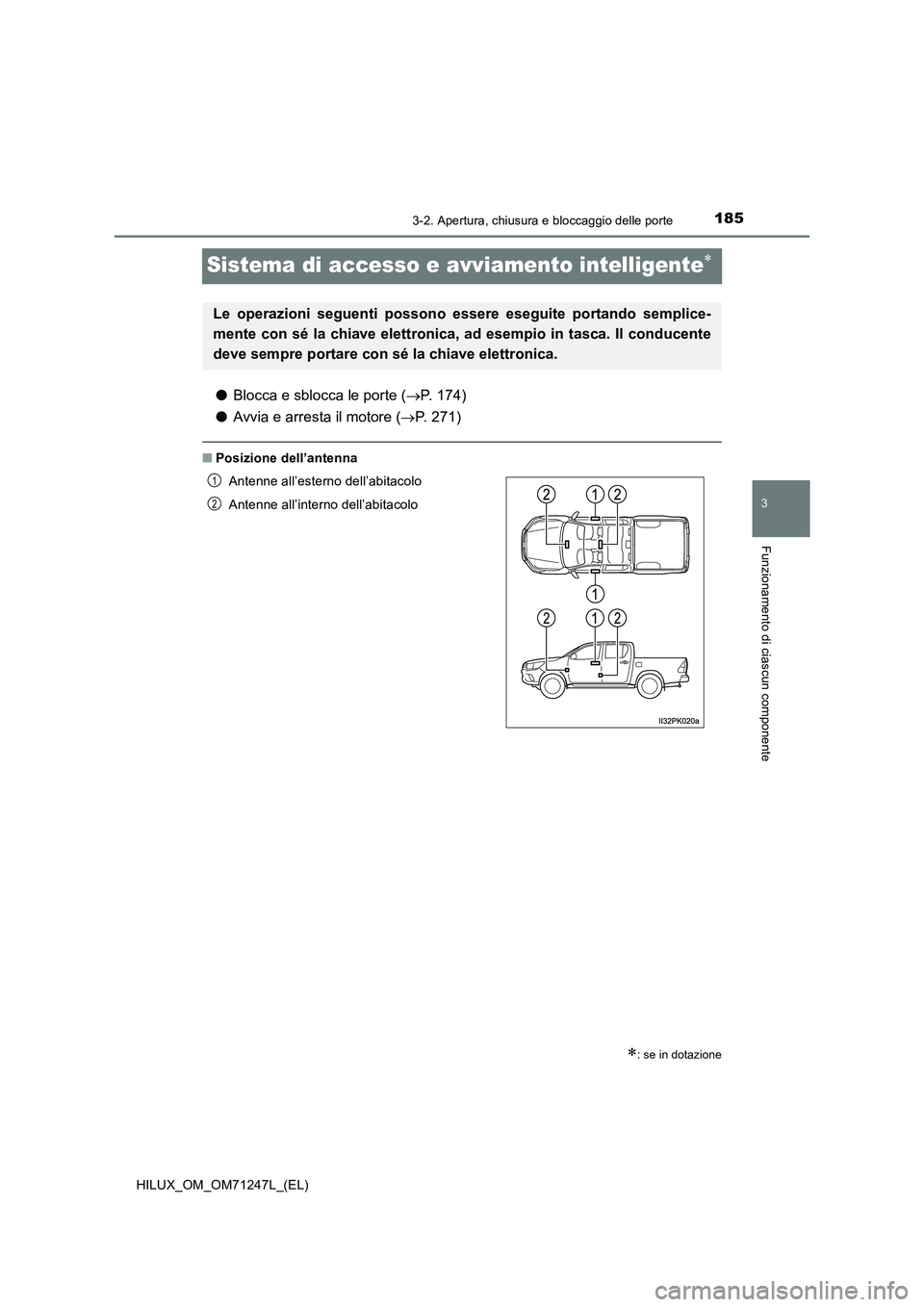 TOYOTA HILUX 2017 Manuale duso (in Italian) 185
3
3-2. Apertura, chiusura e bloccaggio delle porte
Funzionamento di ciascun componente
HILUX_OM_OM71247L_(EL)
Sistema di accesso e avviamento intelligente
●Blocca e sblocca le porte (P. 17 TOYOTA HILUX 2017 Manuale duso (in Italian) 185
3
3-2. Apertura, chiusura e bloccaggio delle porte
Funzionamento di ciascun componente
HILUX_OM_OM71247L_(EL)
Sistema di accesso e avviamento intelligente
●Blocca e sblocca le porte (P. 17