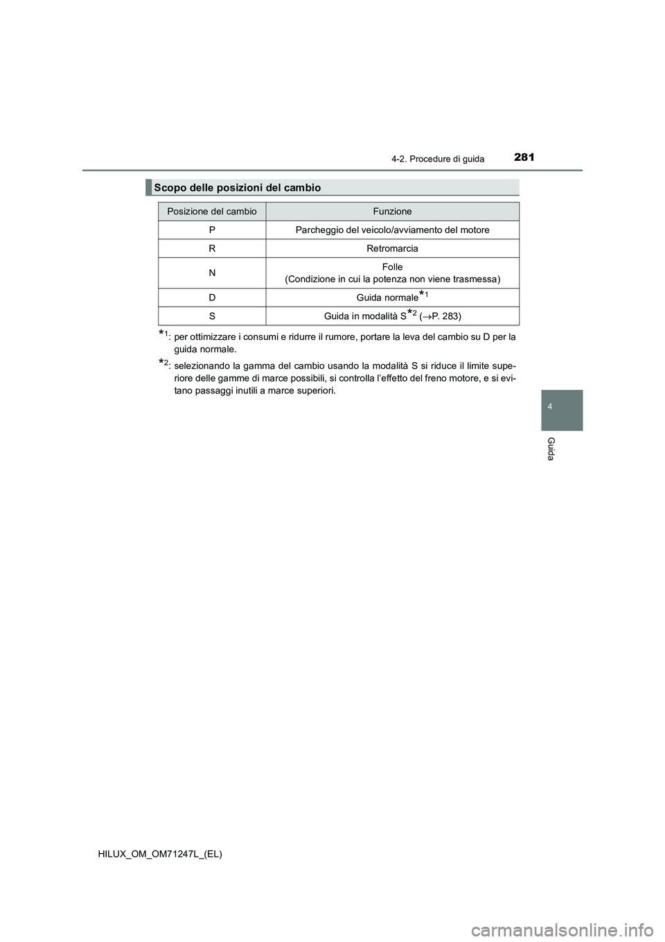 TOYOTA HILUX 2017 Manuale duso (in Italian) 2814-2. Procedure di guida
4
Guida
HILUX_OM_OM71247L_(EL)
*1: per ottimizzare i consumi e ridurre il rumore, portare la leva del cambio su D per la
guida normale.
*2: selezionando la gamma del cambio TOYOTA HILUX 2017 Manuale duso (in Italian) 2814-2. Procedure di guida
4
Guida
HILUX_OM_OM71247L_(EL)
*1: per ottimizzare i consumi e ridurre il rumore, portare la leva del cambio su D per la
guida normale.
*2: selezionando la gamma del cambio
