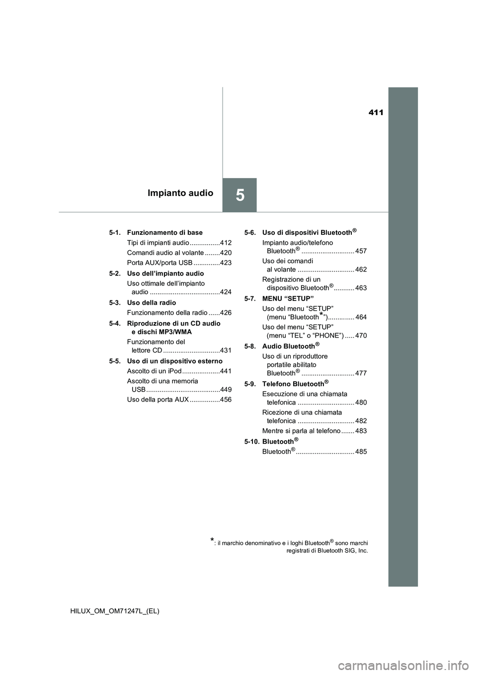 TOYOTA HILUX 2017  Manuale duso (in Italian) 411
5Impianto audio
HILUX_OM_OM71247L_(EL)5-1. Funzionamento di base
Tipi di impianti audio ................412
Comandi audio al volante ........420
Porta AUX/porta USB ..............423
5-2. Uso dell